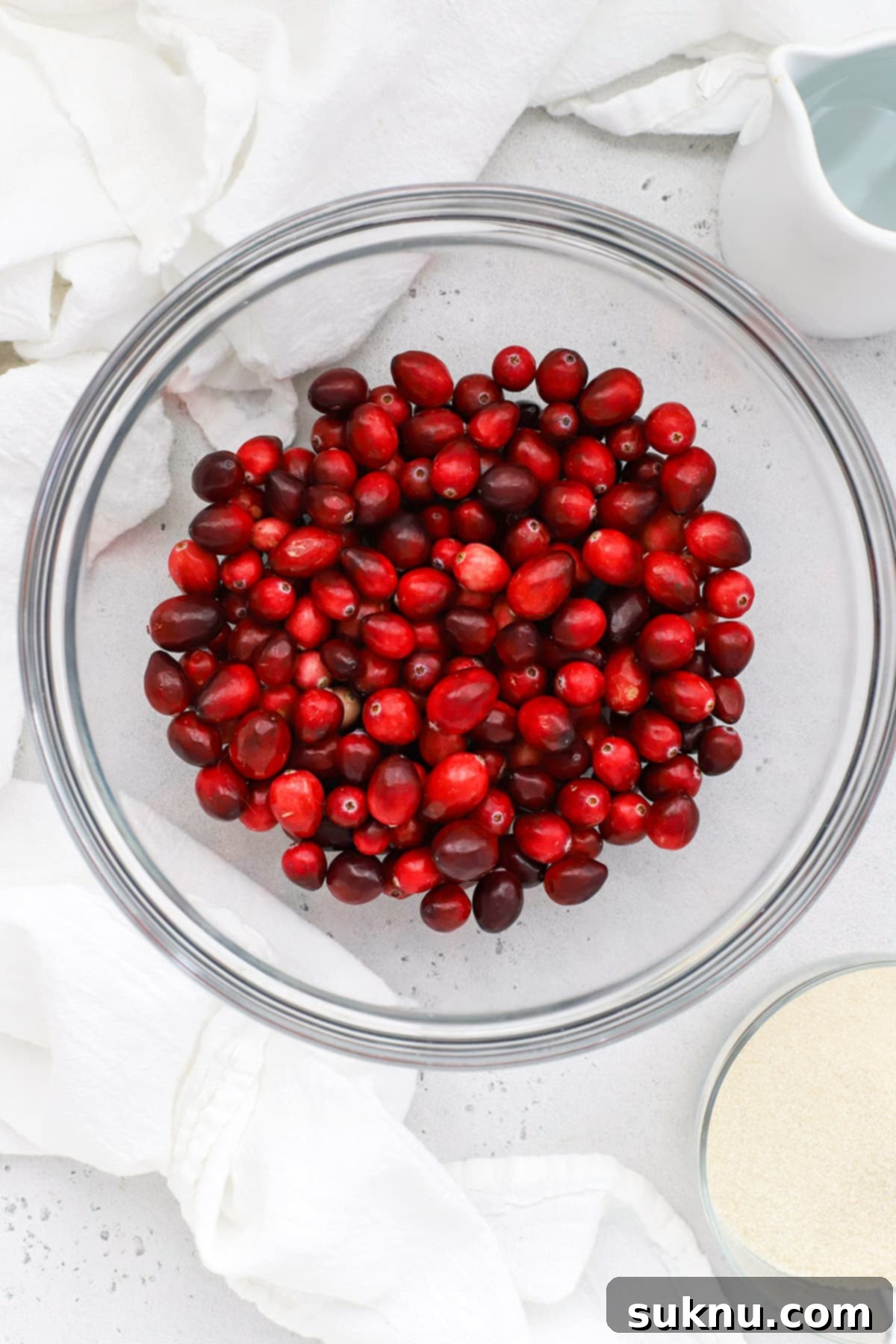 Sparkling Sugared Cranberries 3 Overhead view of ingredients for sugared cranberries - fresh cranberries, water, and sugar