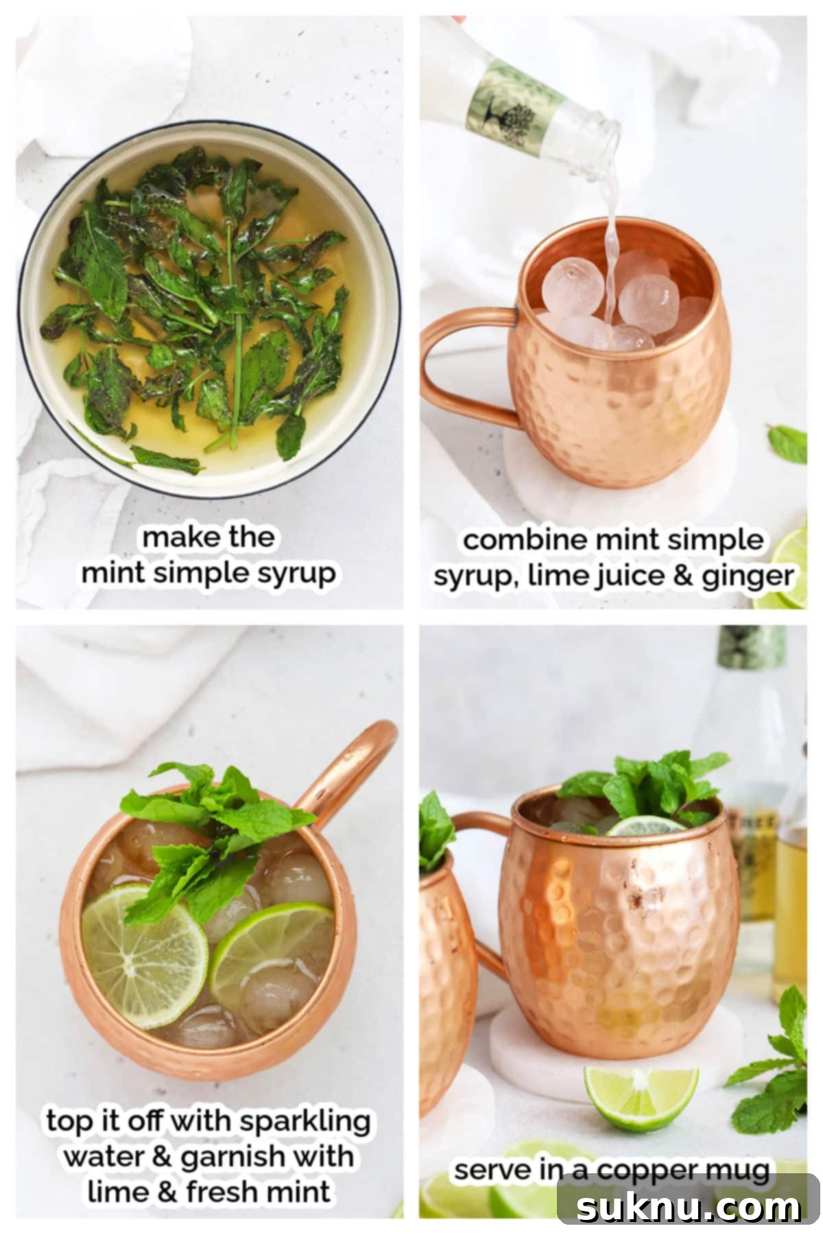 Step-by-step photos showing the process of making a virgin Moscow Mule mocktail, including mint simple syrup