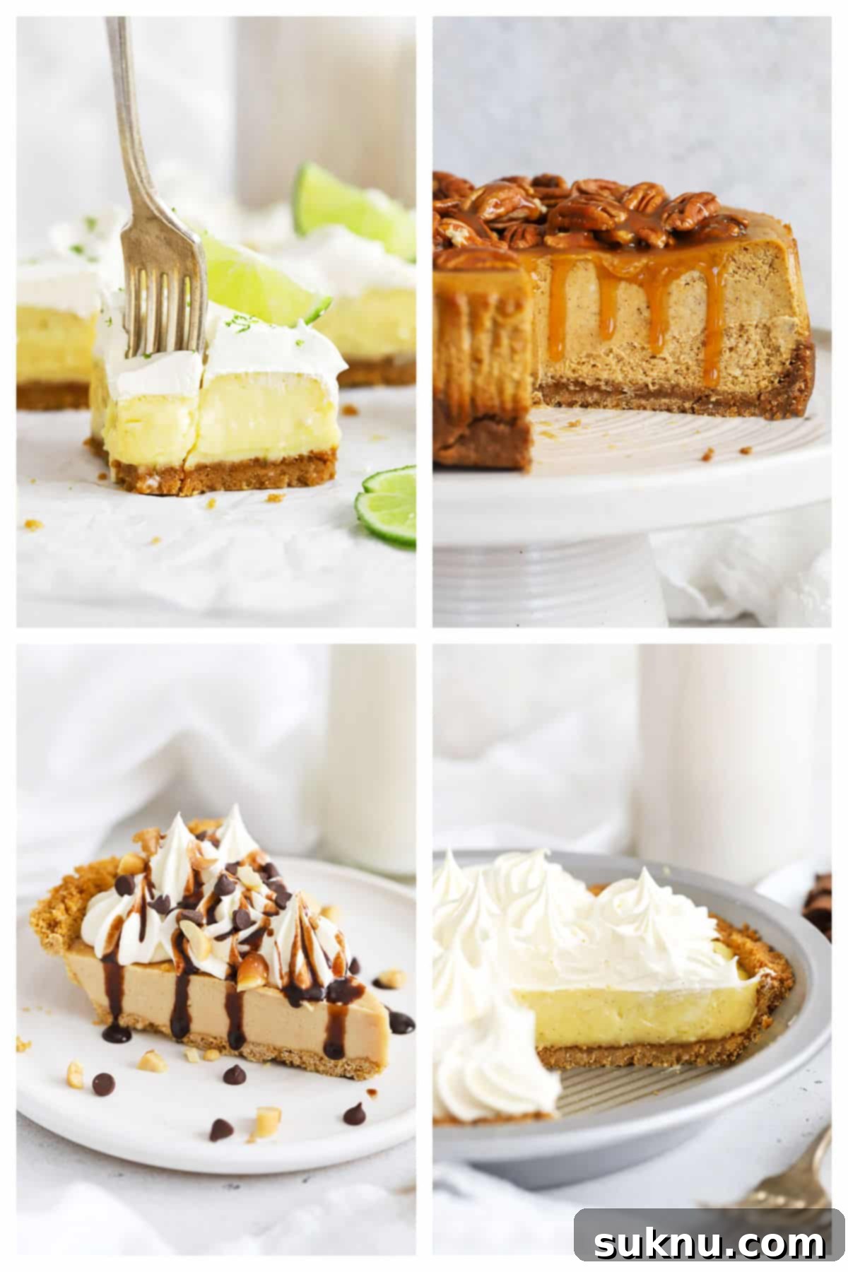 Assortment of gluten-free desserts made with graham cracker crust: cheesecakes, cream pies