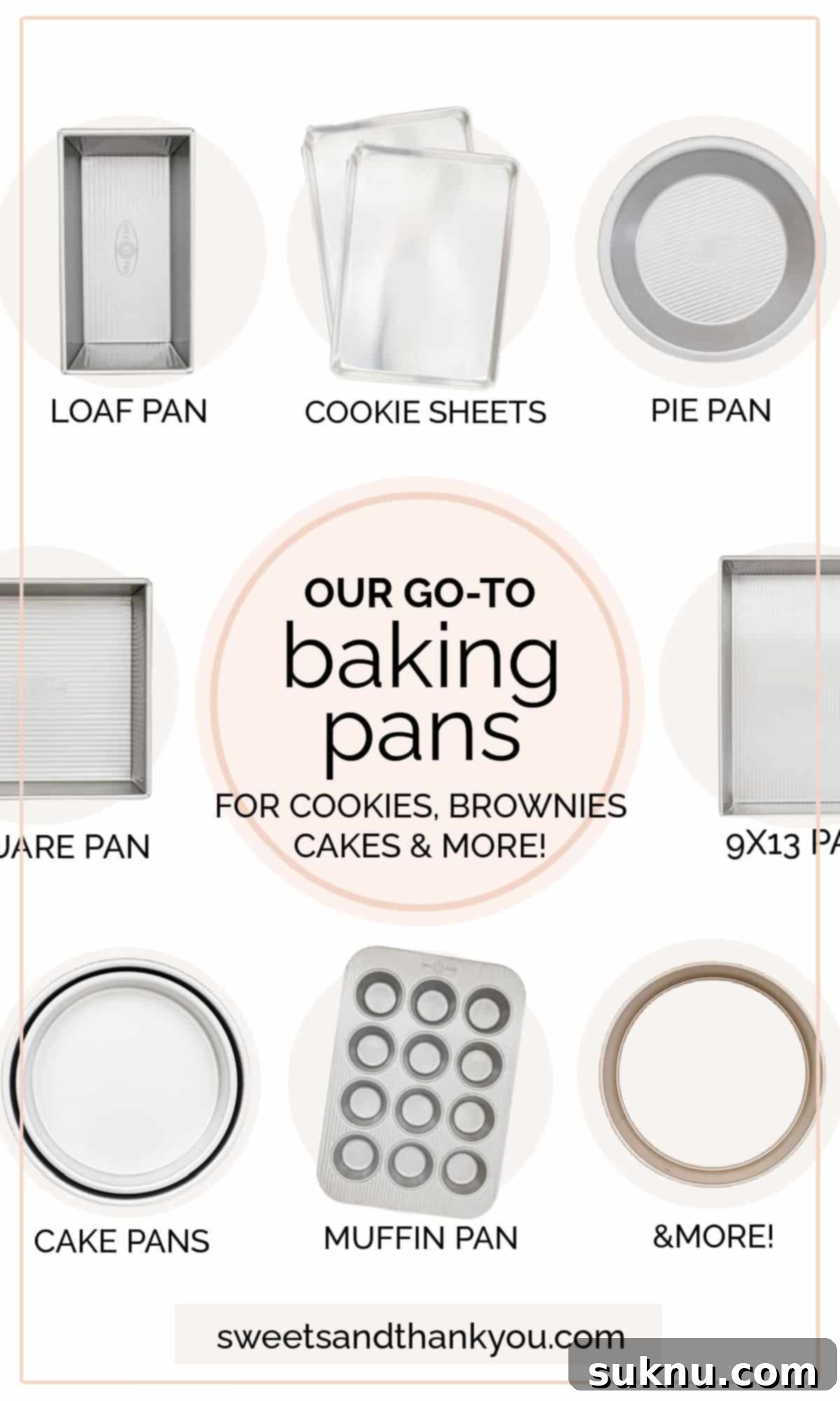 A curated collage showcasing various essential baking pans on a clean white background, including cookie sheets, cake pans, brownie pans, and loaf pans.