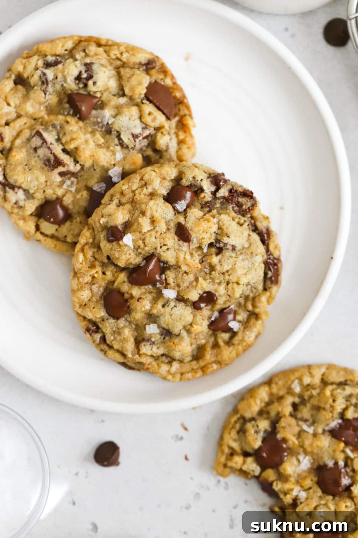 Gluten-Free Oatmeal Chocolate Chip Cookies freshly baked and arranged on a white plate