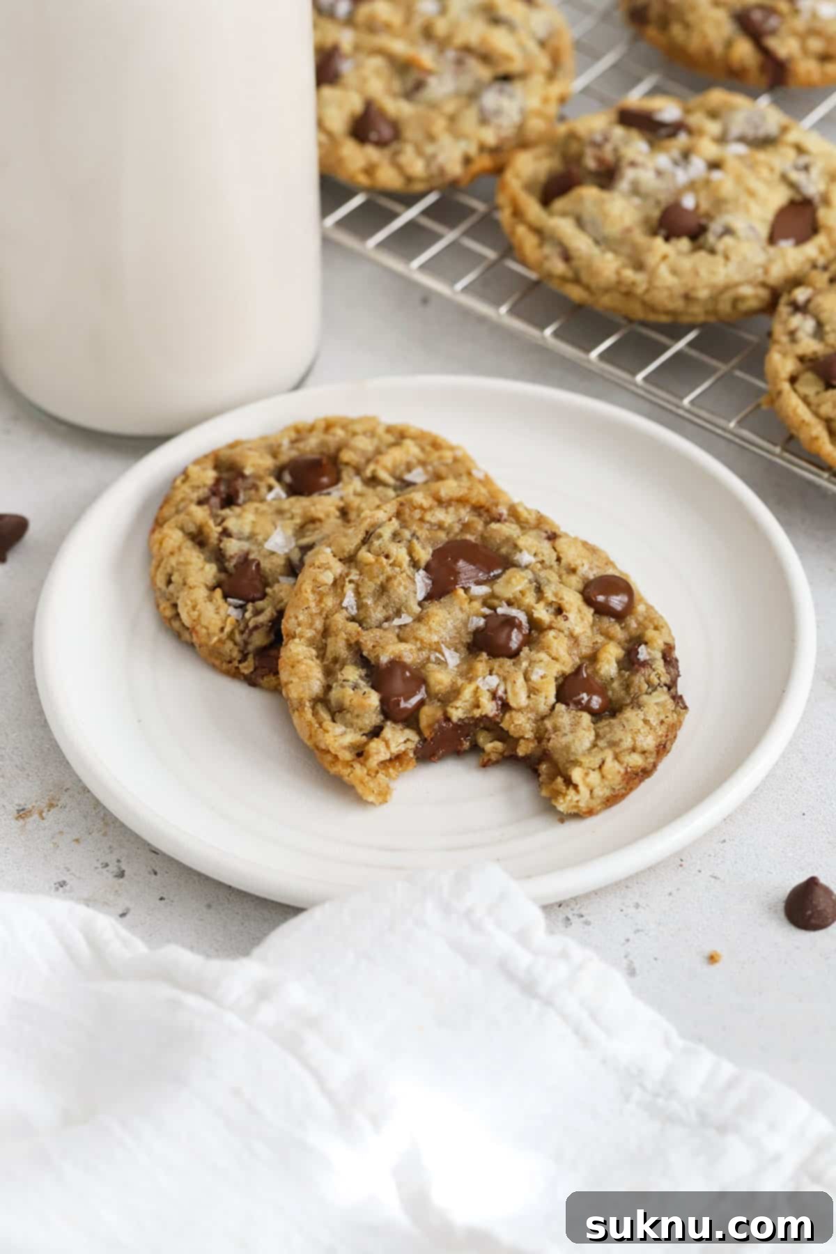 Another beautiful shot of Gluten-Free Oatmeal Chocolate Chip Cookies on a white plate