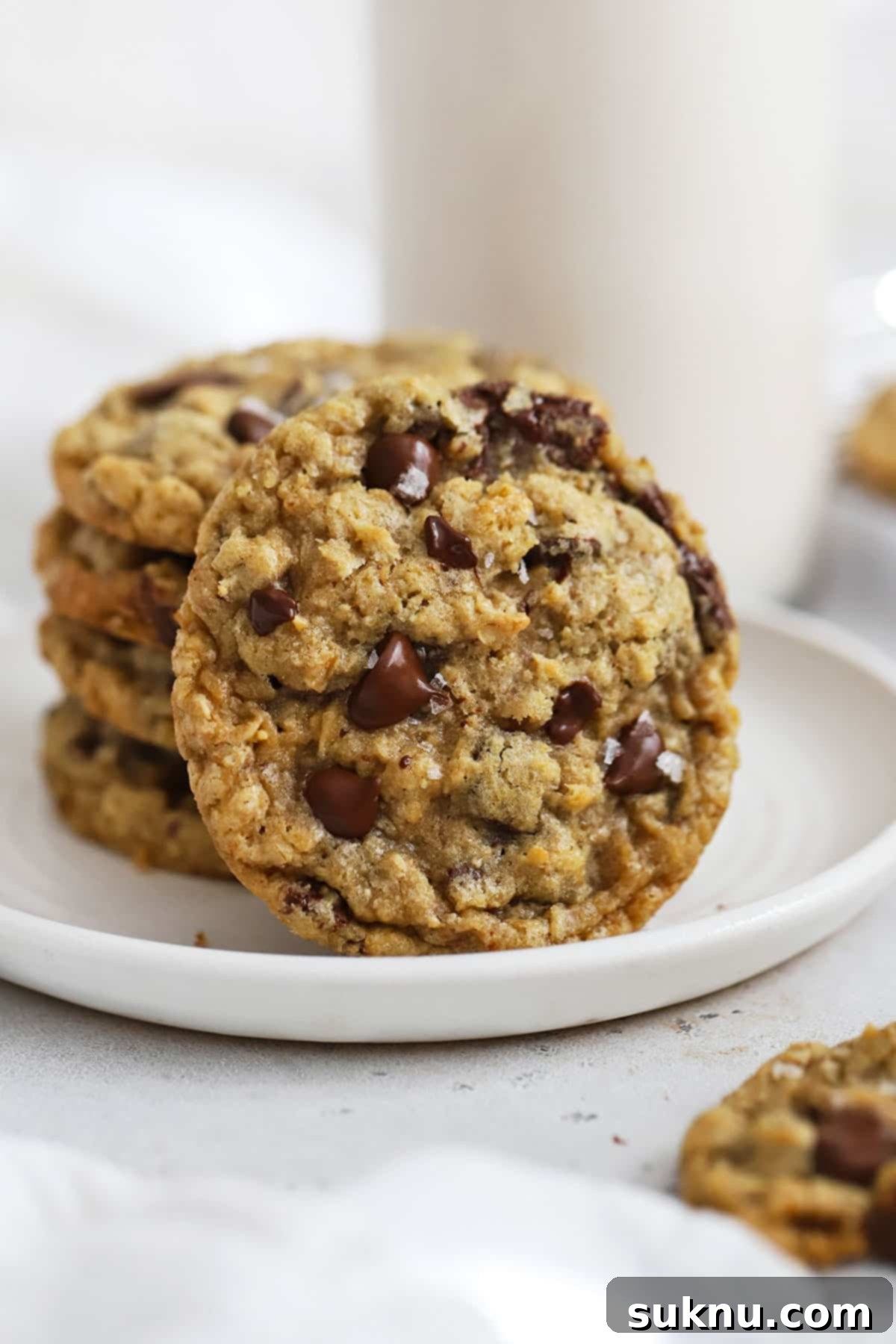 Stack of freshly baked Gluten-Free Oatmeal Chocolate Chip Cookies on a white plate
