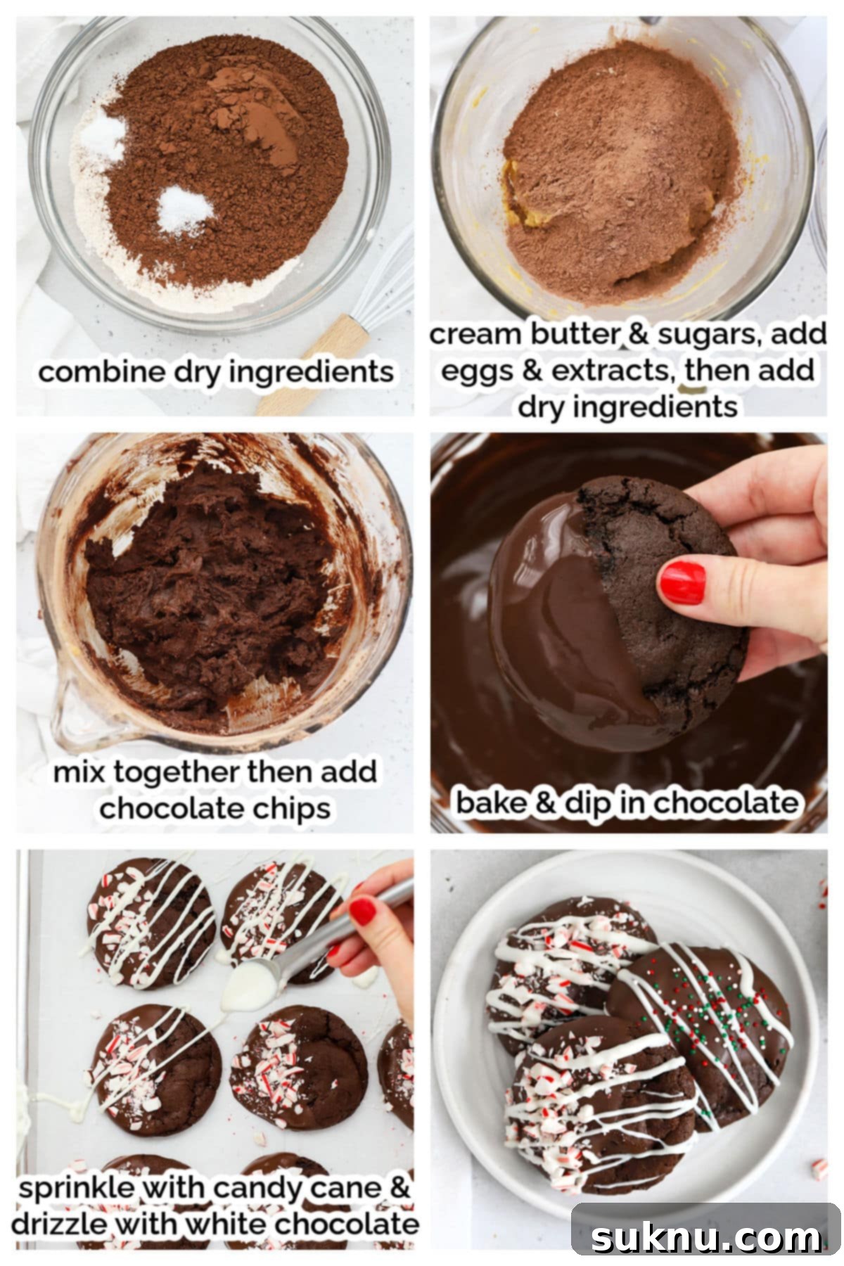 Step-by-step images showing the process of making gluten-free chocolate peppermint cookies