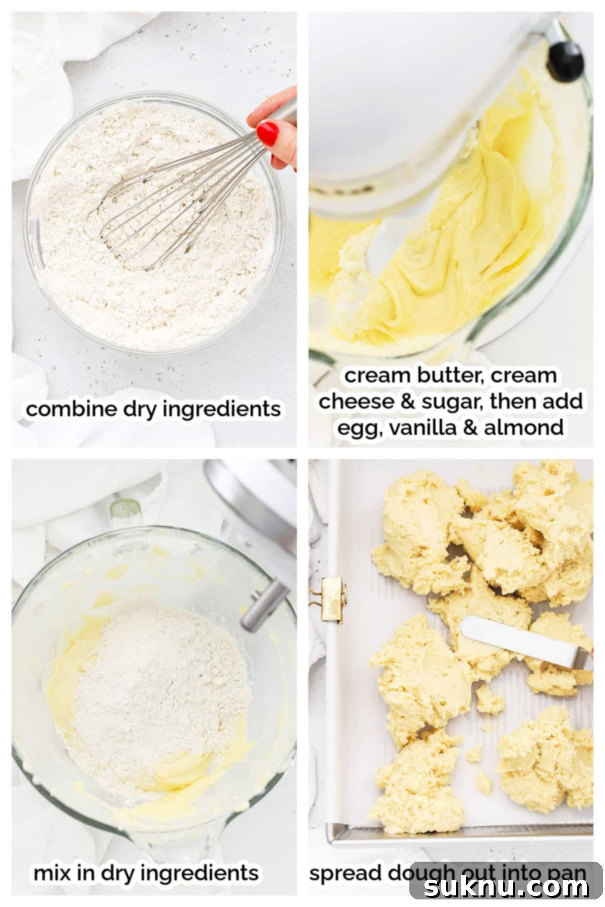 Perfect Gluten-Free Sugar Cookie Bars 4 A visual guide showing step-by-step process of making gluten-free sugar cookie bars, from mixing ingredients to spreading dough.