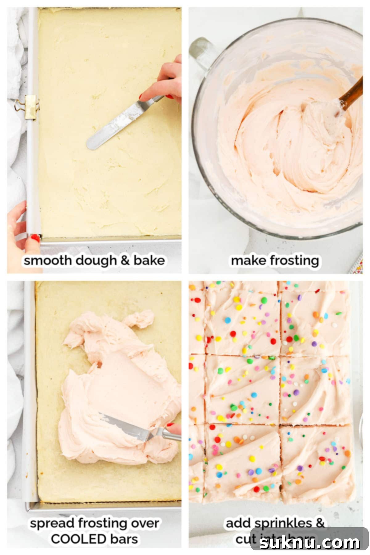 Perfect Gluten-Free Sugar Cookie Bars 5 Step-by-step images showing the process of making gluten-free sugar cookie bars, focusing on the dough spreading and baking.