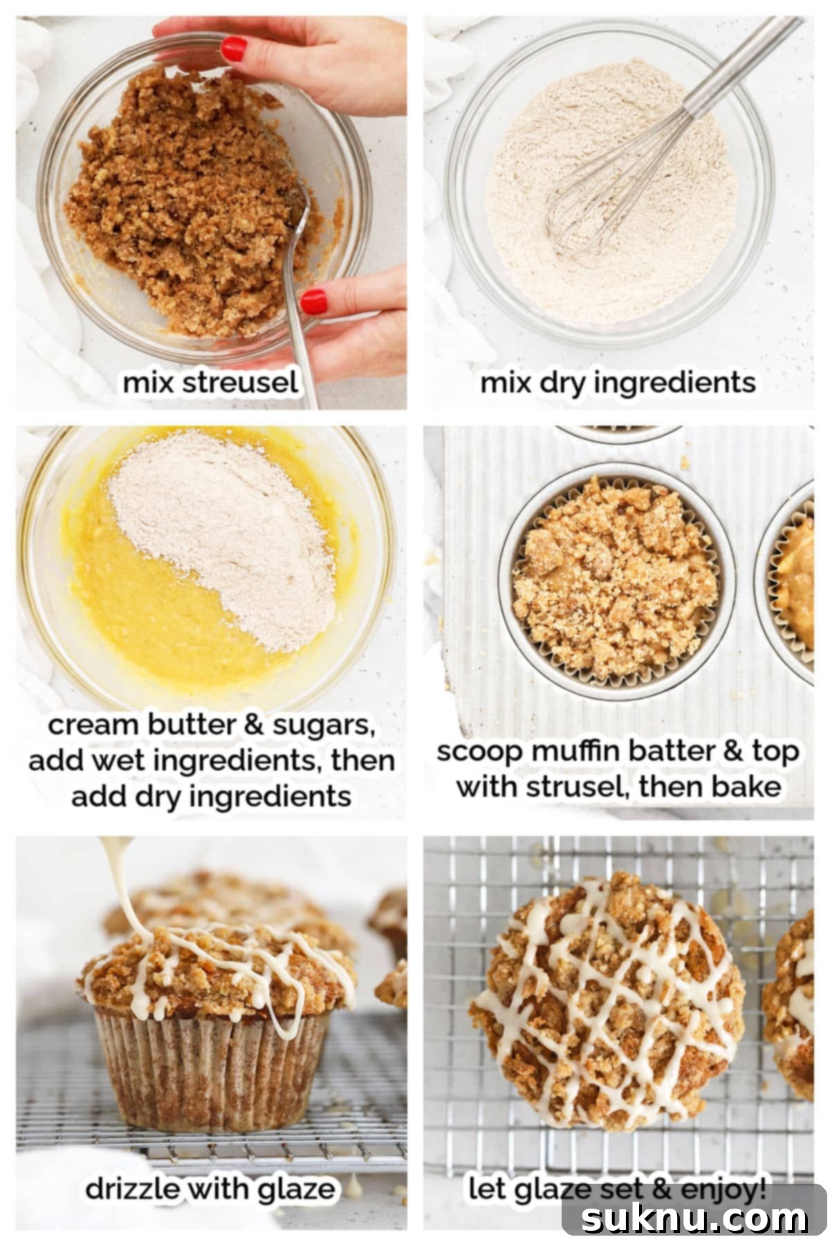 Step-by-step process of making gluten-free banana crumb muffins.