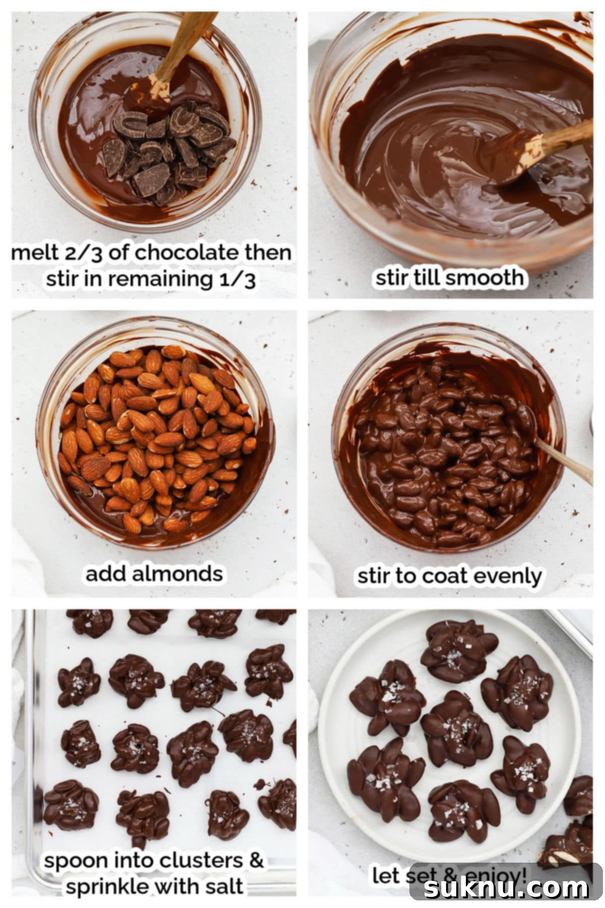 A step-by-step visual guide showing the process of making dark chocolate almond clusters, from melting chocolate to mixing with almonds