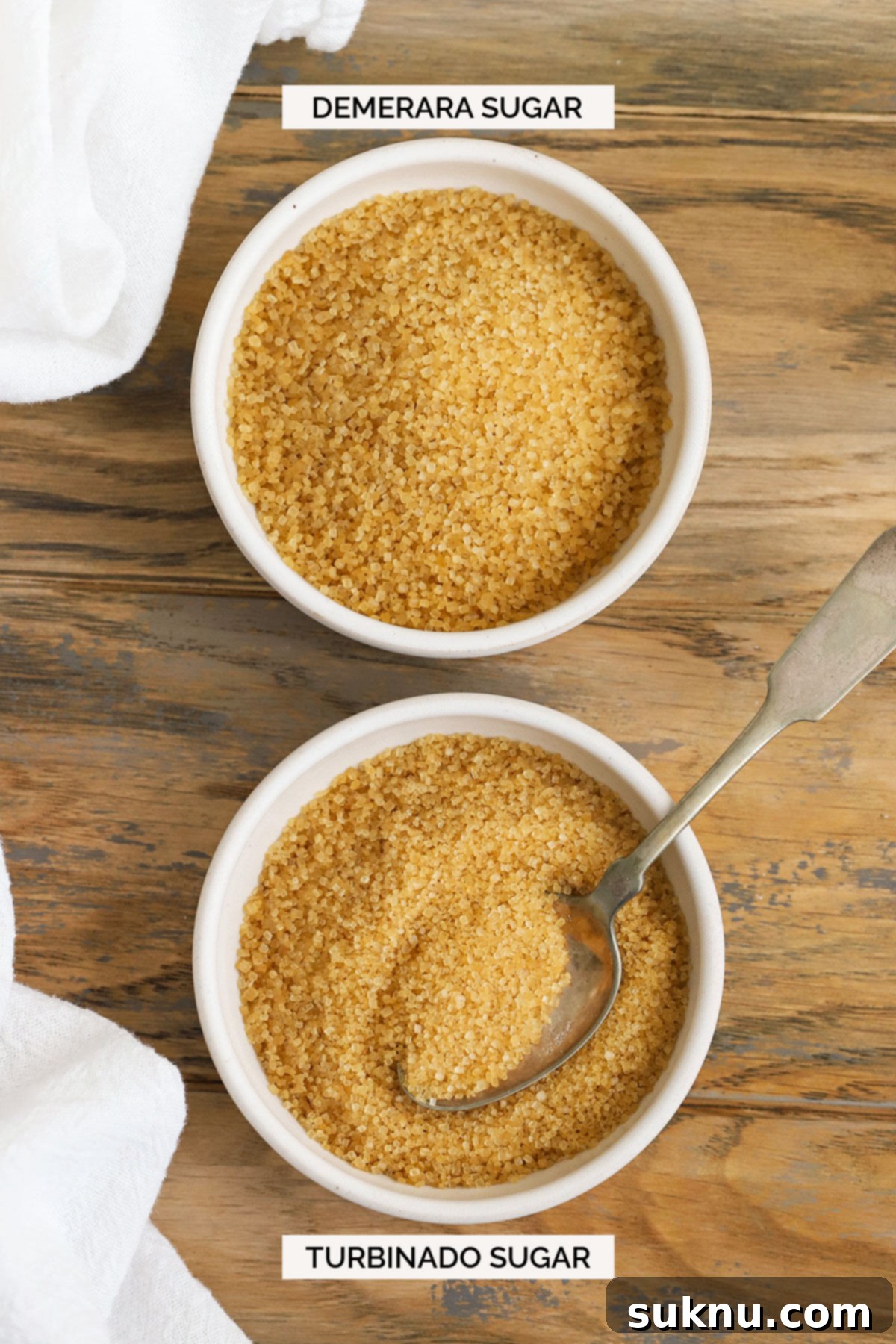 Mastering Sweetness: 12 Sugar Types and Their Culinary Applications 7 turbinado sugar and demerara sugar in white bowls