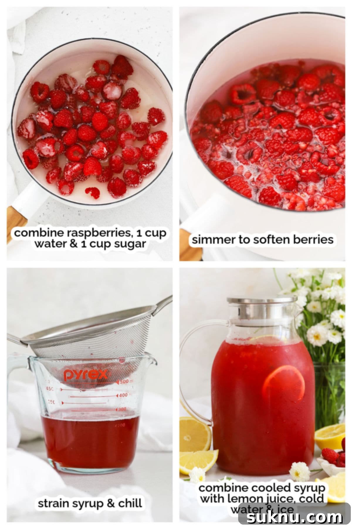 Perfect Raspberry Lemonade 4 making homemade raspberry lemonade step by step, showing raspberries simmering, being strained, and then combining with lemon juice