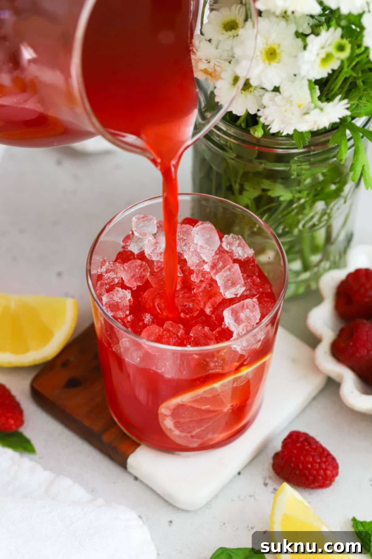 Perfect Raspberry Lemonade 6 pouring homemade raspberry lemonade into glasses with lemon and mint garnish
