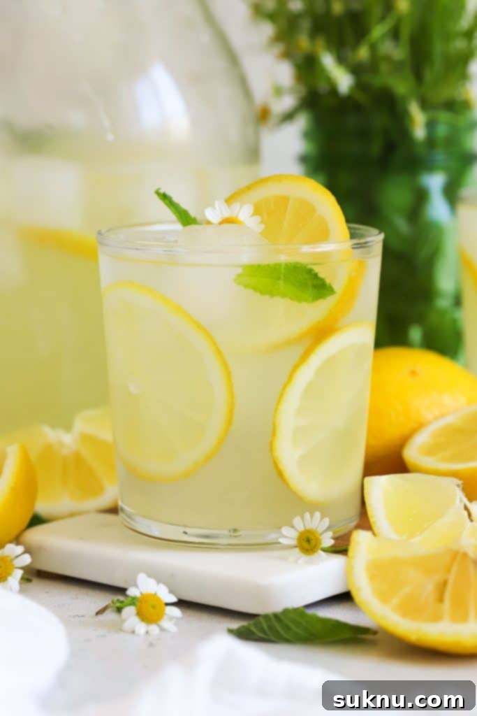 Perfect Raspberry Lemonade 9 an ice cold glass of homemade lemonade garnished with lemon slices and fresh mint