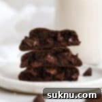 Gluten-Free Double Chocolate Chip Cookies 10 Three gluten-free double chocolate chip cookies stacked on a white plate, emphasizing their delicious texture.
