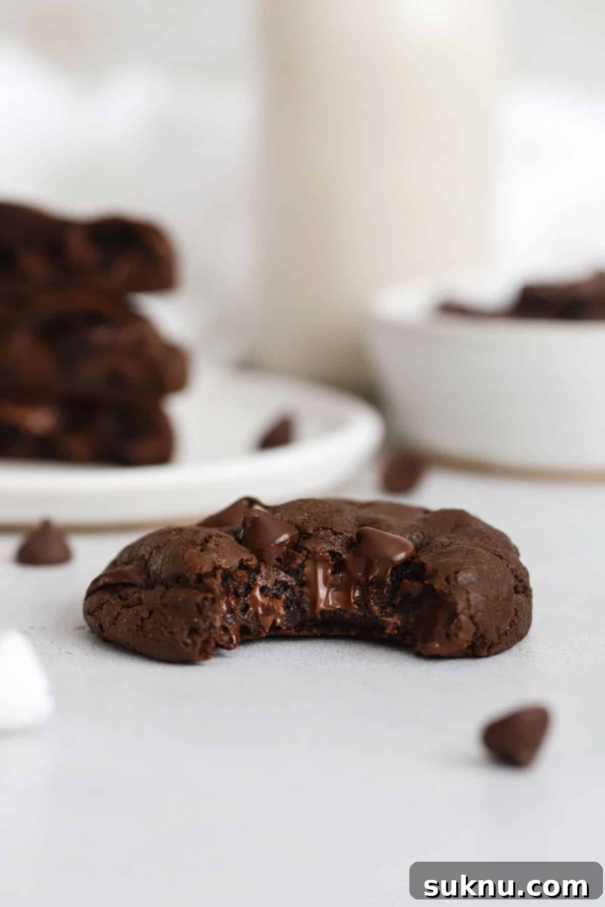 Gluten-Free Double Chocolate Chip Cookies 6 A delectable gluten-free double chocolate chip cookie with a bite taken out, revealing its soft, fudgy interior and melted chocolate chunks.