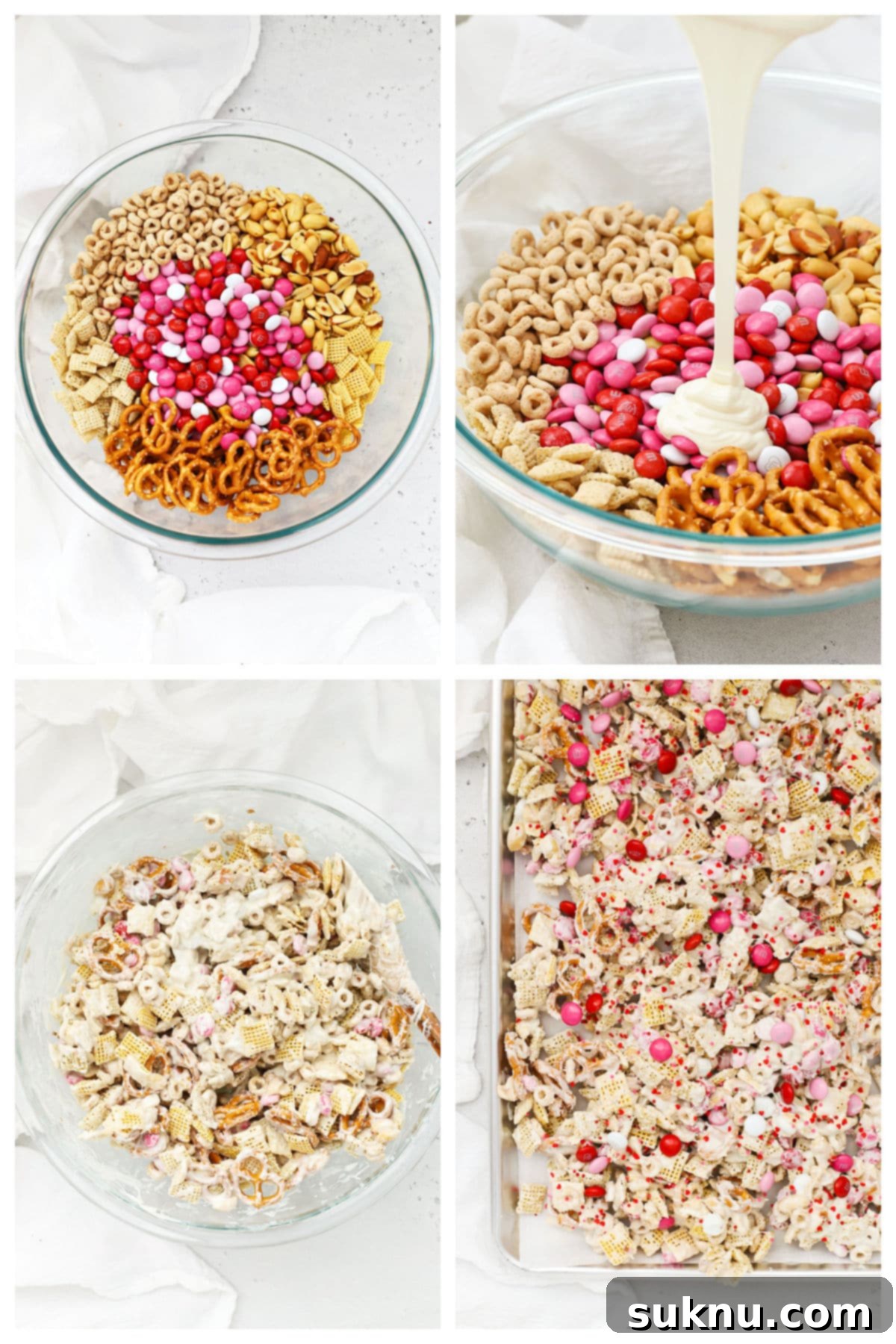 Preparing to combine ingredients for Valentine's Chex Mix on a parchment-lined baking sheet