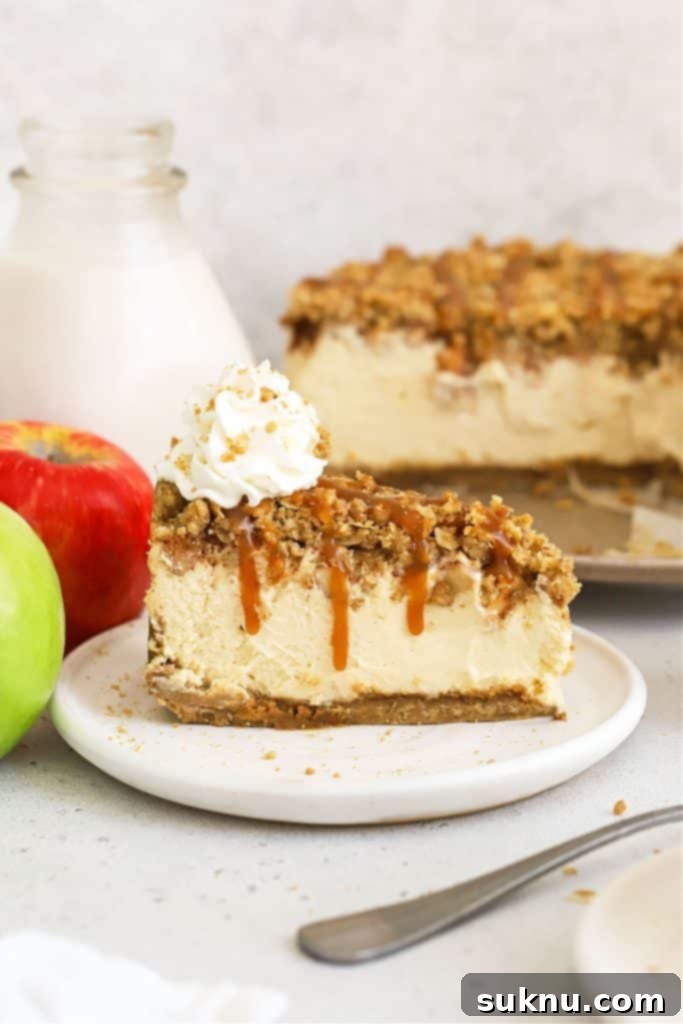 Gluten-free apple crisp cheesecake drizzled with caramel sauce and topped with whipped cream