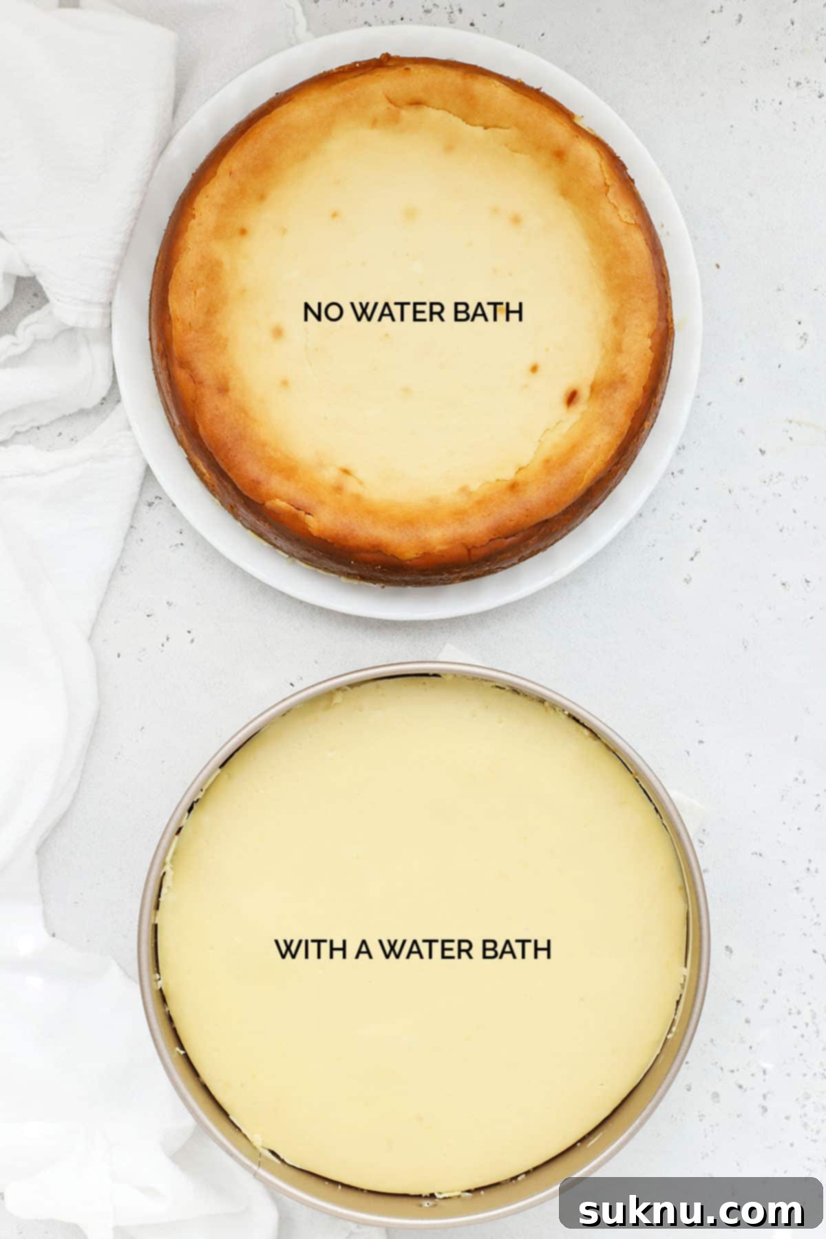 Comparison of two cheesecakes: one baked without a water bath (browned, cracked) and one baked with a water bath (smooth, creamy white)