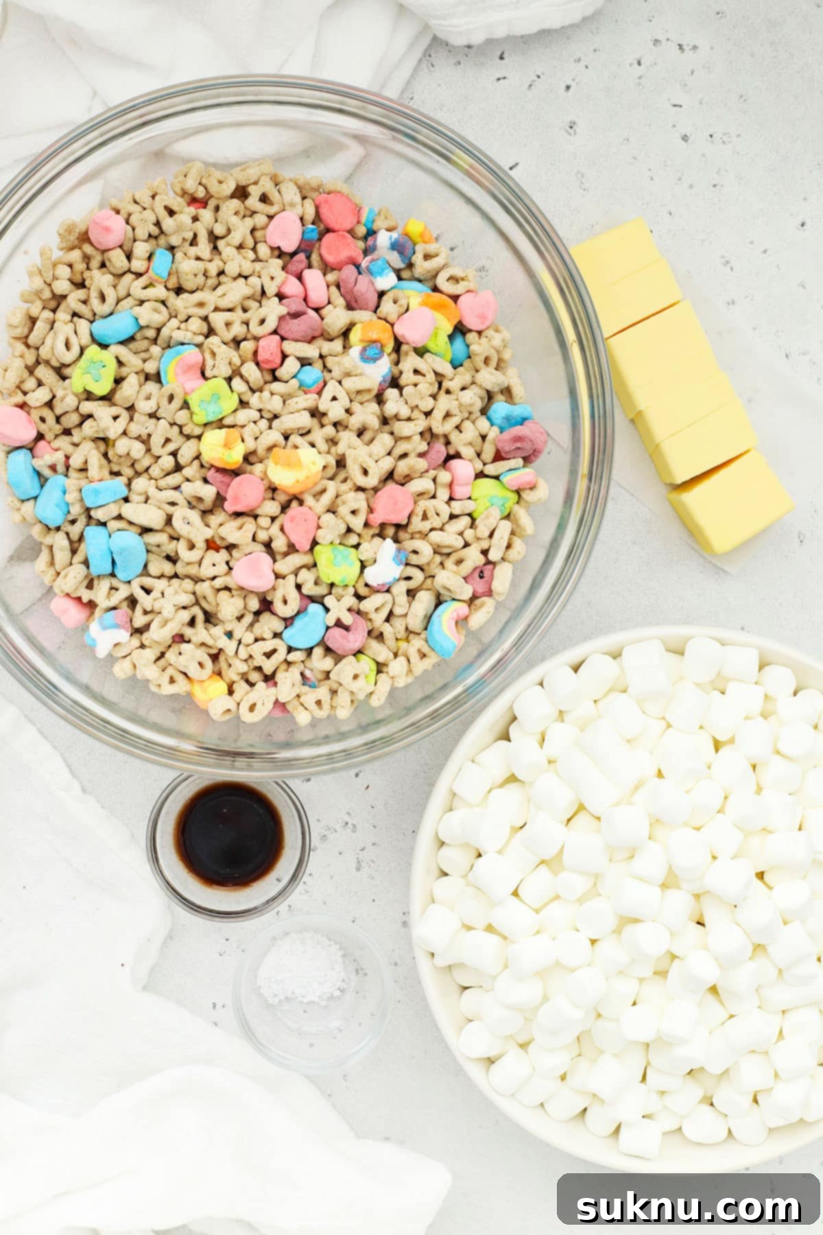 Ingredients for Lucky Charms treats laid out on a table