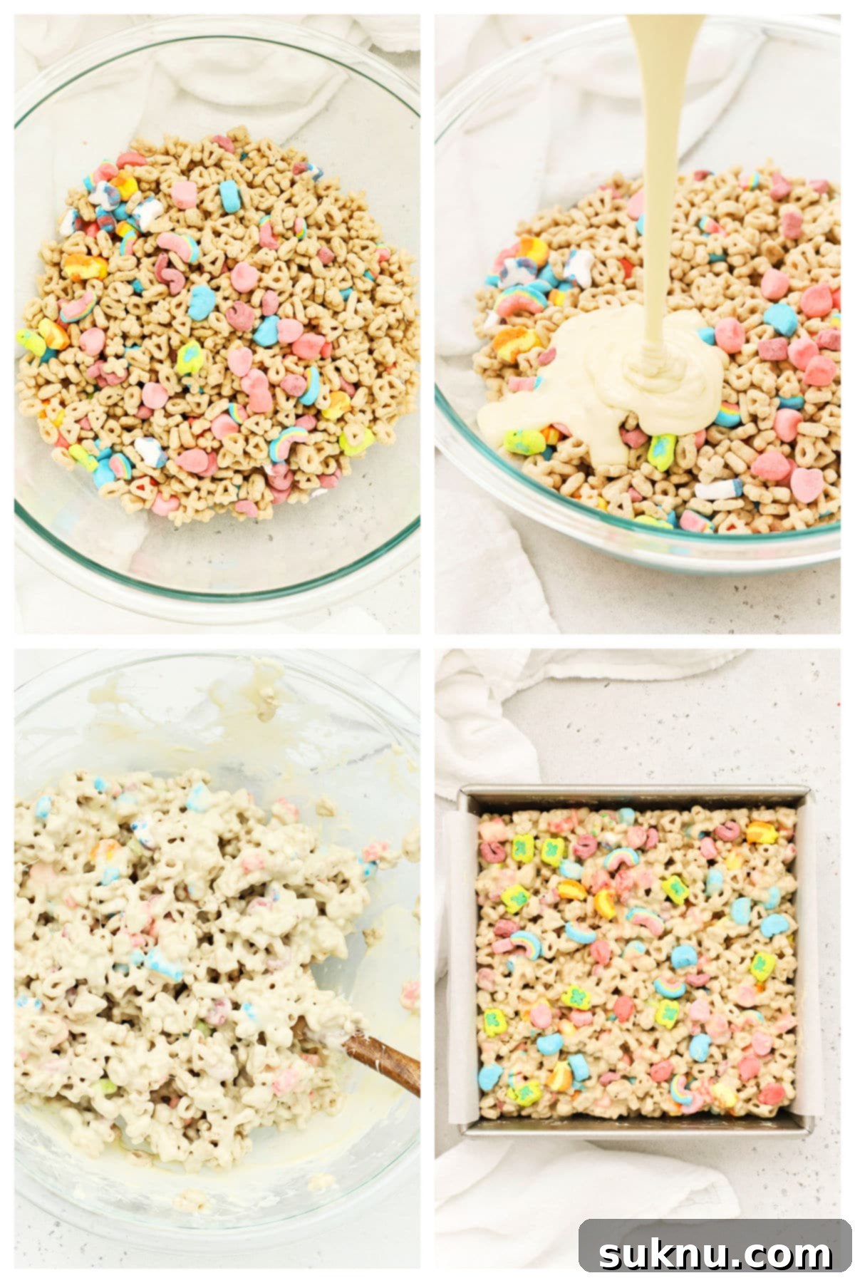 Step-by-step process of making Lucky Charms treats, showing mixing and pressing into pan