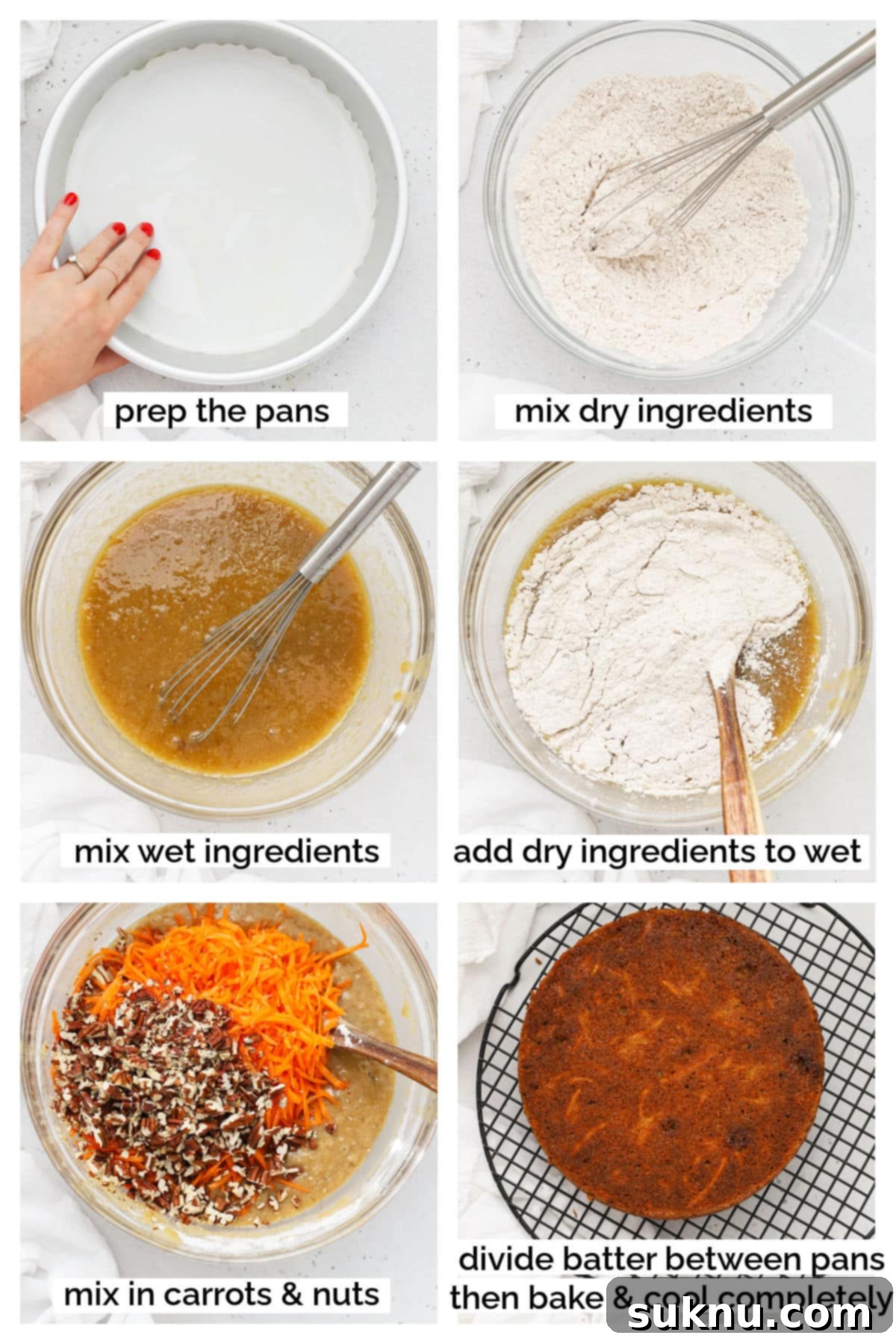 Moist Gluten Free Carrot Cake 4 Close-up of gluten-free carrot cake batter being mixed in a large bowl, showing the texture and the inclusion of shredded carrots and nuts.