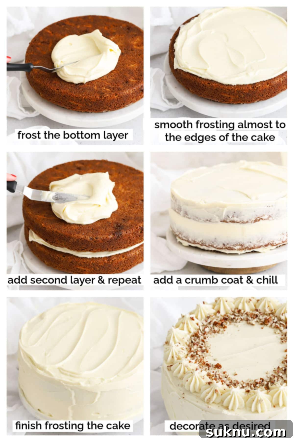 Moist Gluten Free Carrot Cake 6 A two-layer gluten-free carrot cake being expertly frosted with creamy white cream cheese frosting on a cake stand, showcasing the assembly and decorating process.