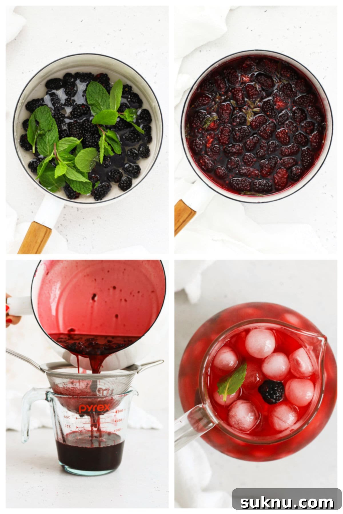 Step-by-step photos showing the process of making blackberry simple syrup and then mixing it into limeade.