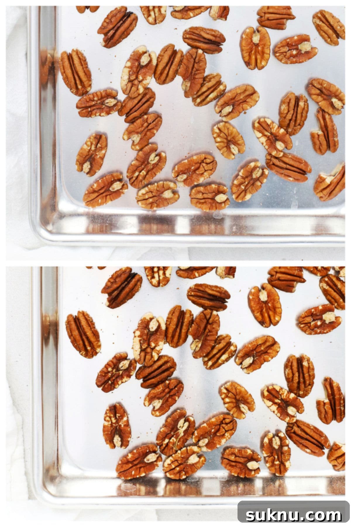 Pecans on a sheet pan before and after toasting in the oven, showing the color transformation