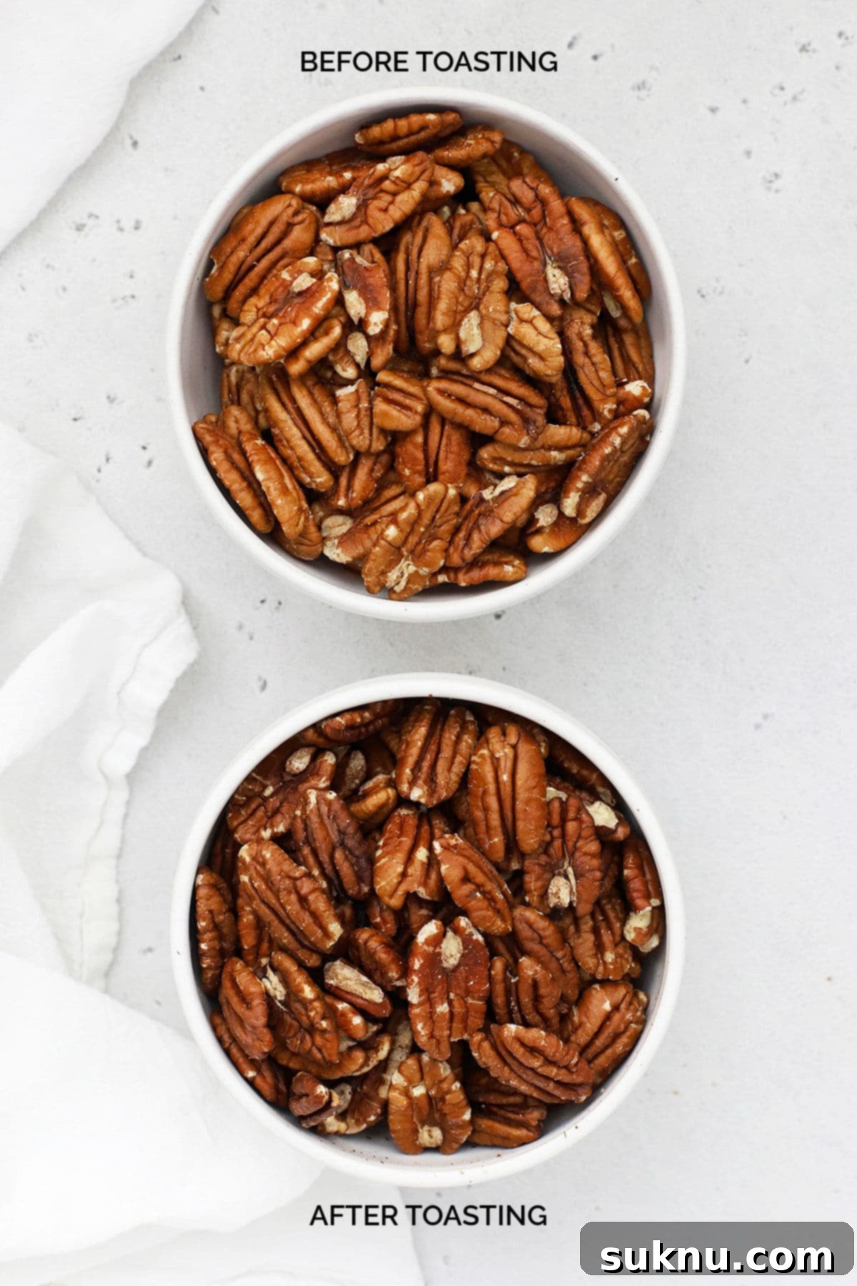One bowl of raw pecans and one bowl of toasted pecans side-by-side, highlighting the color difference