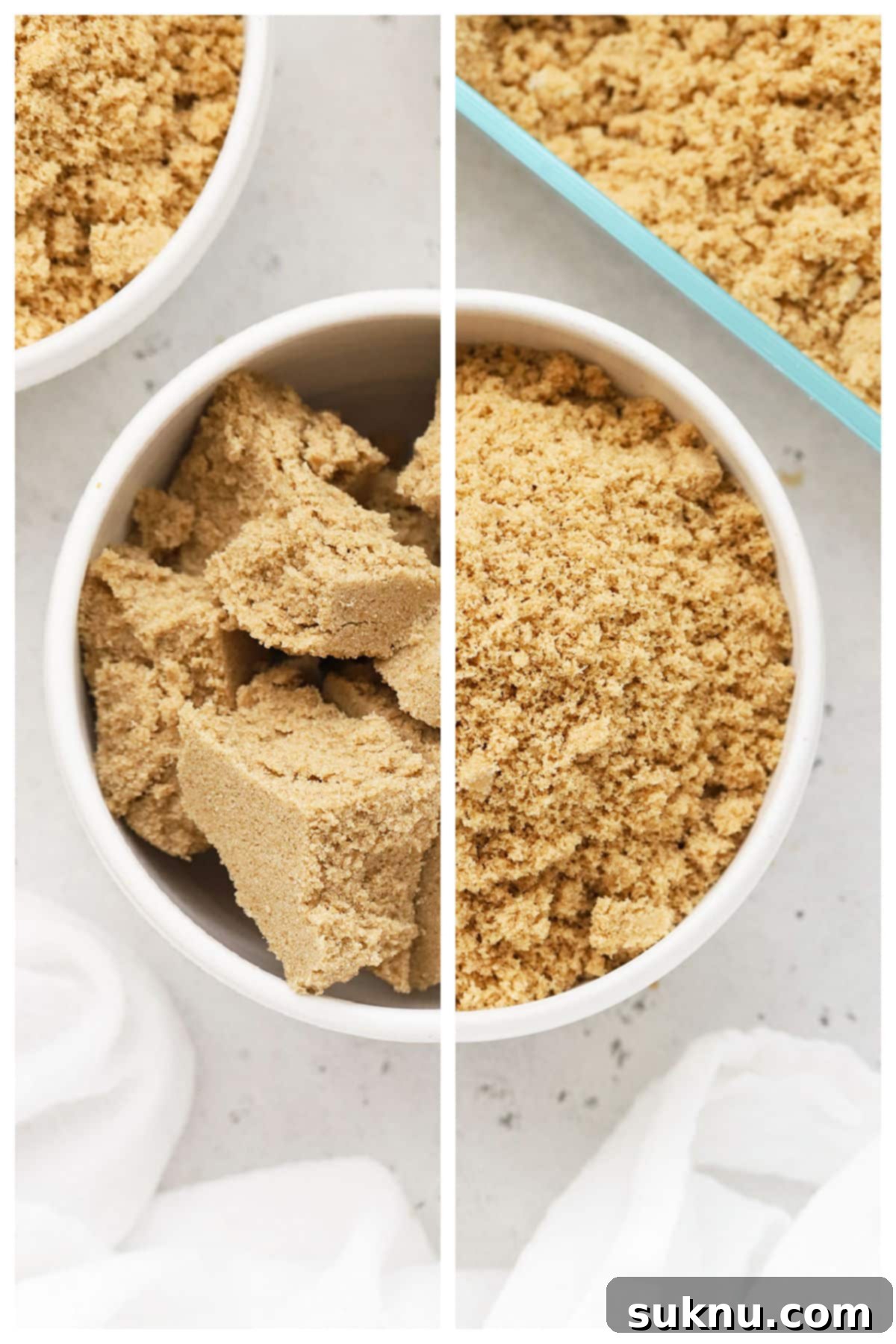 Revive Your Hard Brown Sugar 2 A before and after comparison showing a block of hard brown sugar next to a bowl of perfectly soft, fluffy brown sugar.