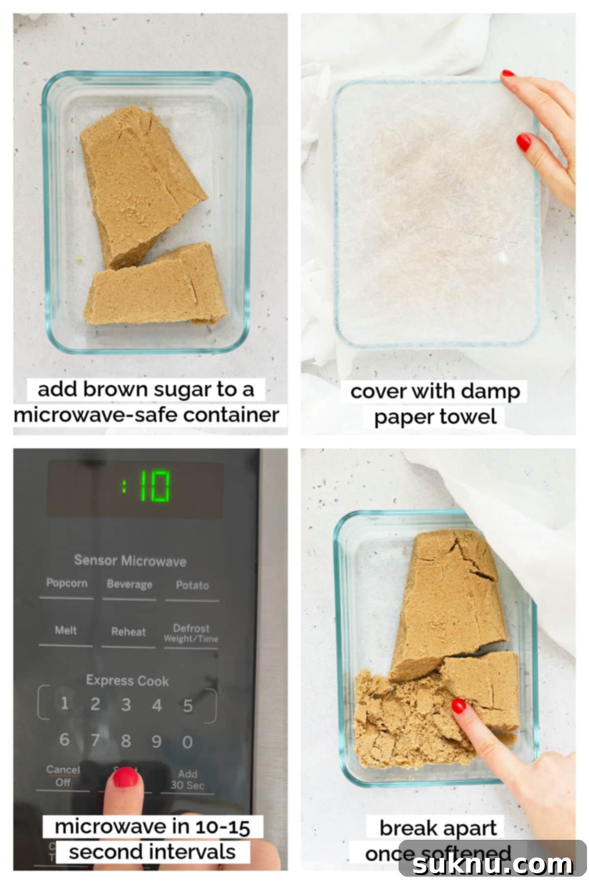 Revive Your Hard Brown Sugar 4 A close-up of a microwave-safe bowl with hard brown sugar, covered by a damp paper towel, ready for softening.
