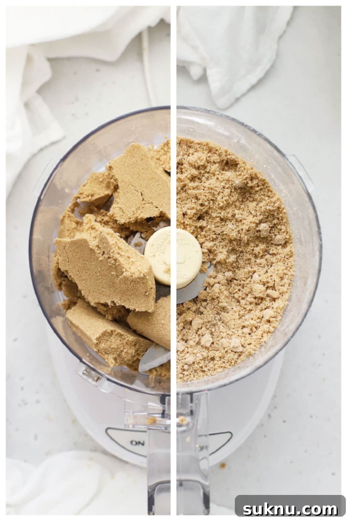 Revive Your Hard Brown Sugar 7 A side-by-side comparison showing a large lump of brown sugar before processing and a bowl of finely broken-down brown sugar after using a food processor.