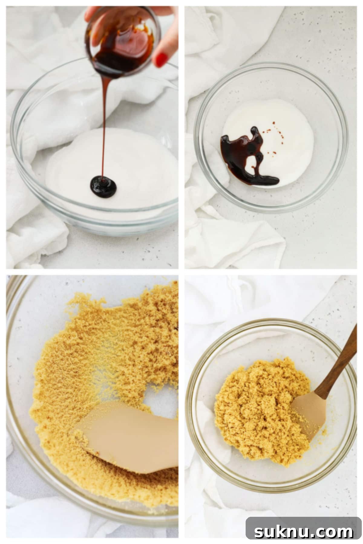 Making brown sugar in a bowl with molasses being poured over sugar