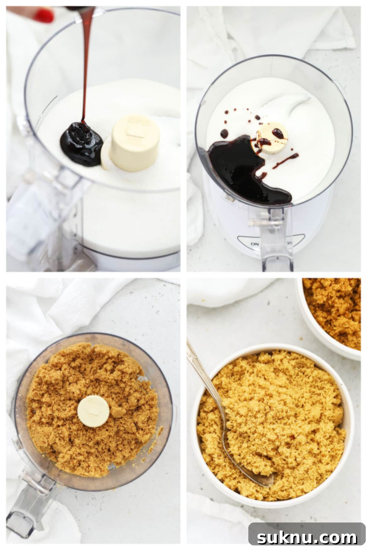 Making brown sugar in a food processor, showing the mixture being blended