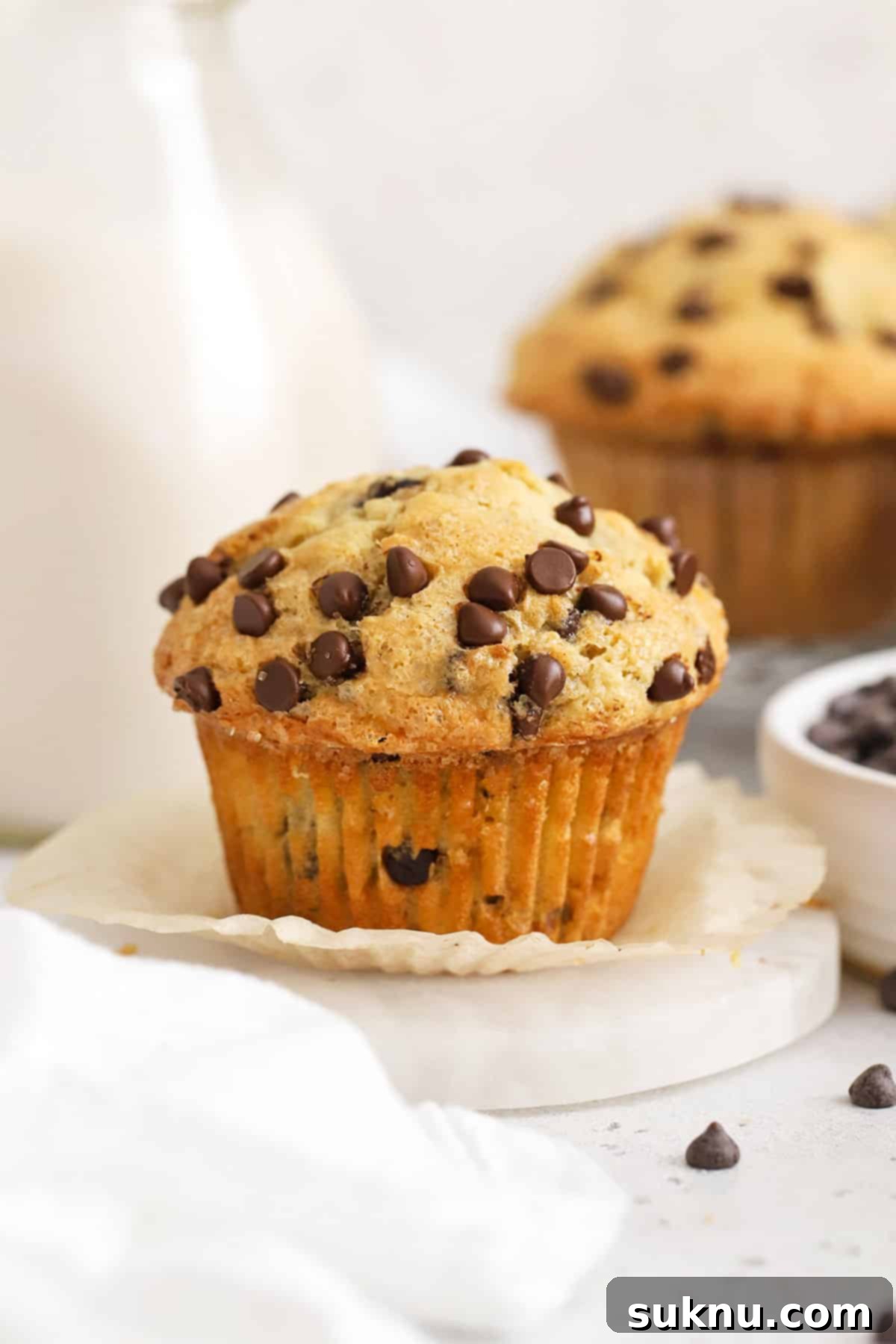 Delicious Gluten-Free Chocolate Chip Muffins 2 Bakery style gluten-free chocolate chip muffins with a bottle of milk