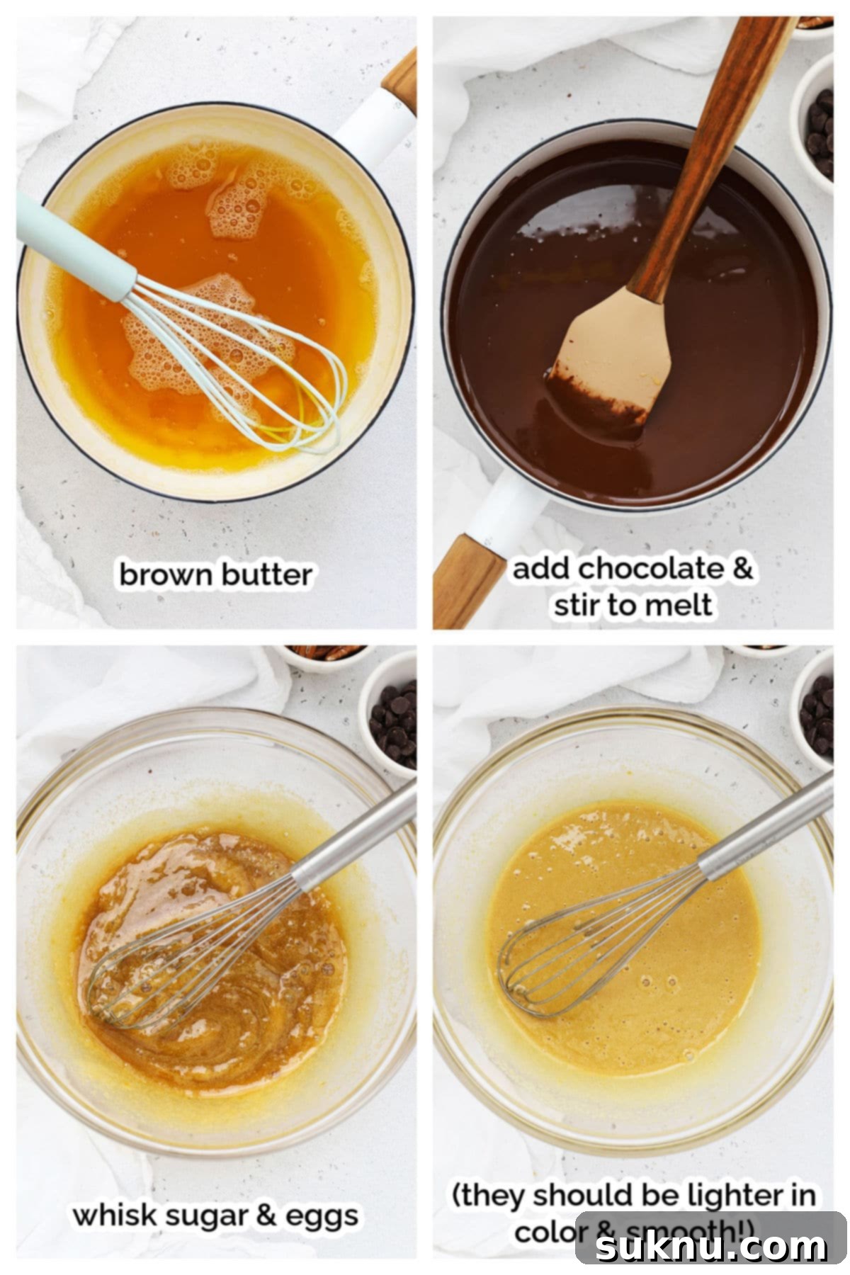 Decadent Gluten-Free Pecan Brownies 4 Step-by-step process image showing brownie batter being mixed in a bowl, illustrating the process of making gluten-free pecan brownies.