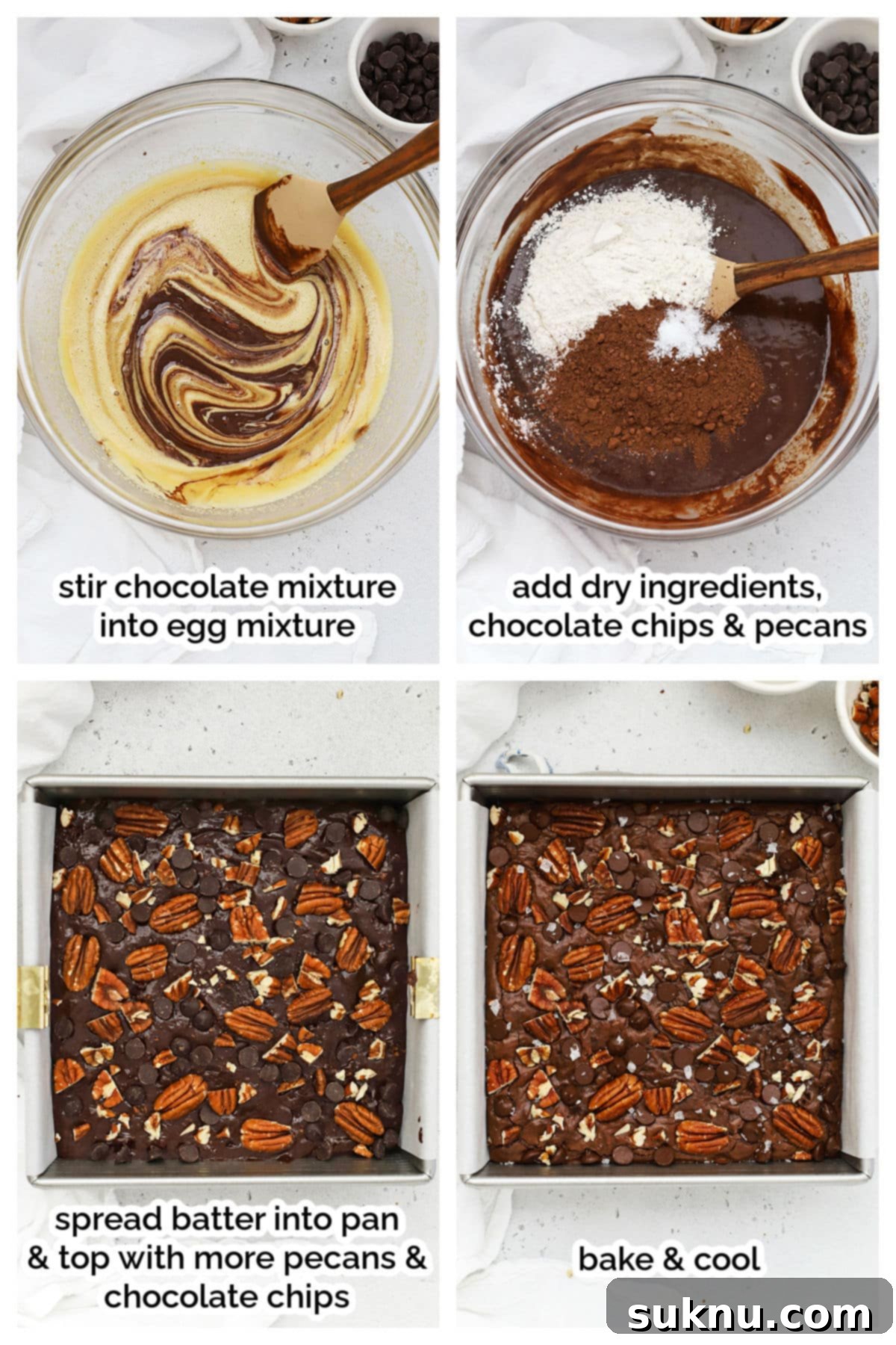 Decadent Gluten-Free Pecan Brownies 5 A series of images demonstrating the step-by-step process of mixing ingredients for gluten-free pecan brownies, showing the batter's progression.