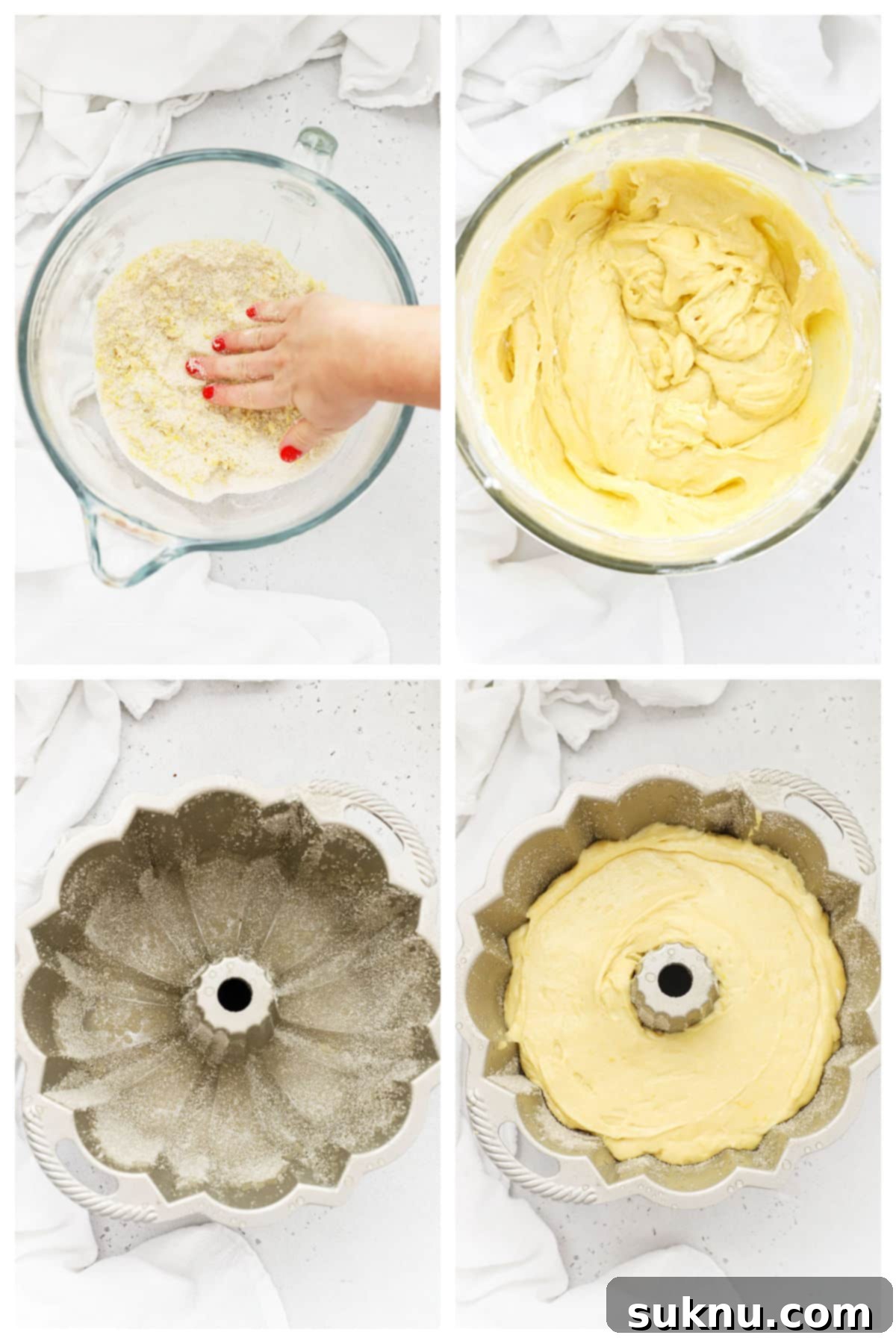 Zesty Gluten-Free Lemon Bundt Cake 4 Step-by-step process of making a gluten-free lemon bundt cake, showing mixing ingredients in a stand mixer.
