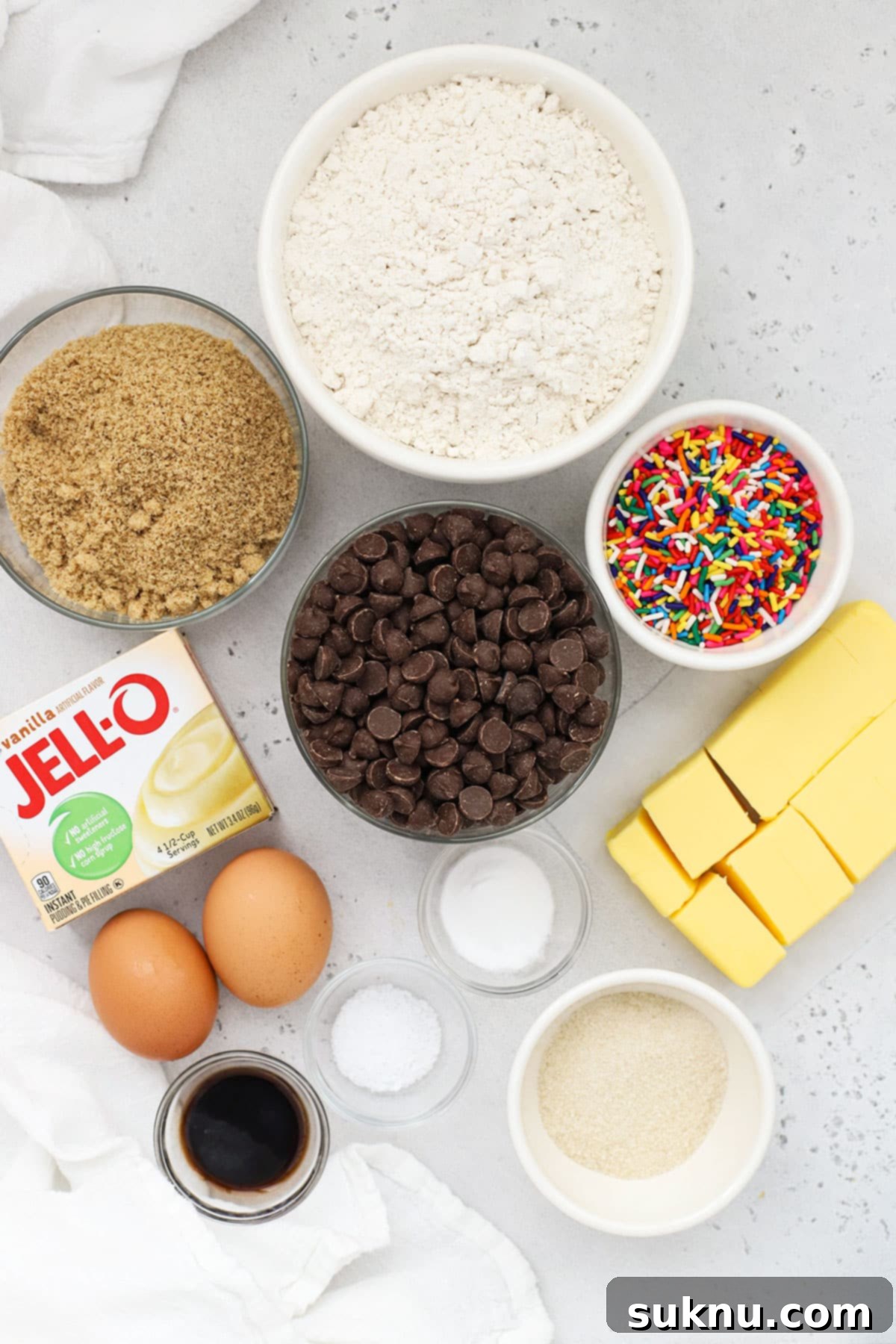 Ultimate Gluten-Free Confetti Chip Cookies 3 A beautiful flat lay of all the simple ingredients required to make gluten-free sprinkle chocolate chip cookies.