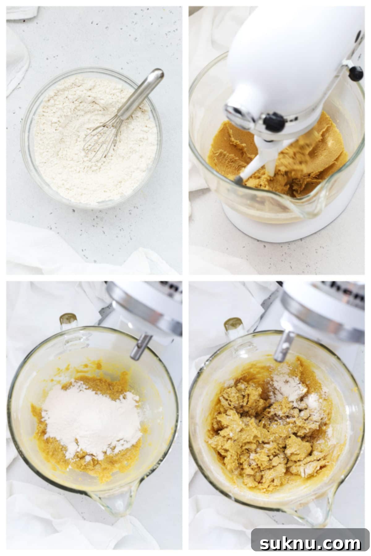 Ultimate Gluten-Free Confetti Chip Cookies 4 Step-by-step photos illustrating the process of making gluten-free sprinkle chocolate chip cookies, showing dough being mixed.