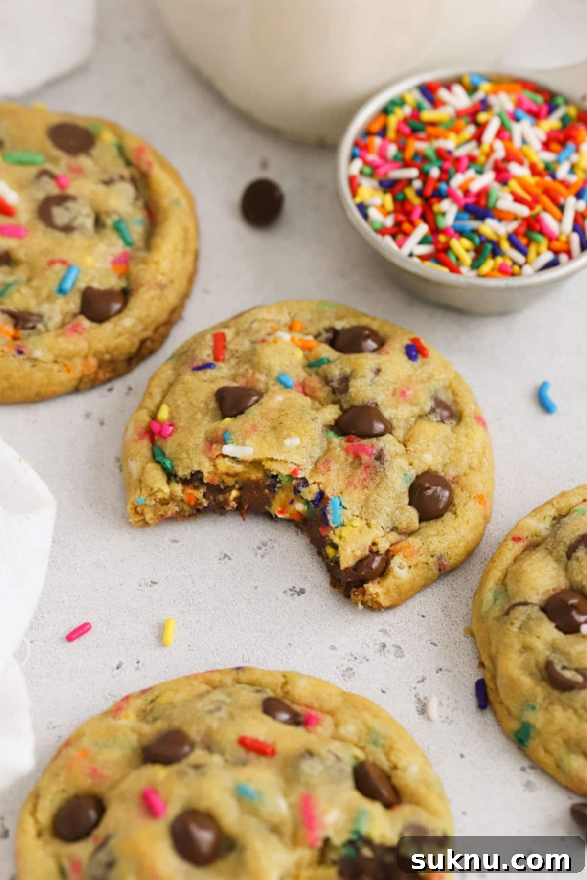 Ultimate Gluten-Free Confetti Chip Cookies 6 Three gluten-free chocolate chip cookies with sprinkles, stacked on a white plate, ready to be enjoyed.