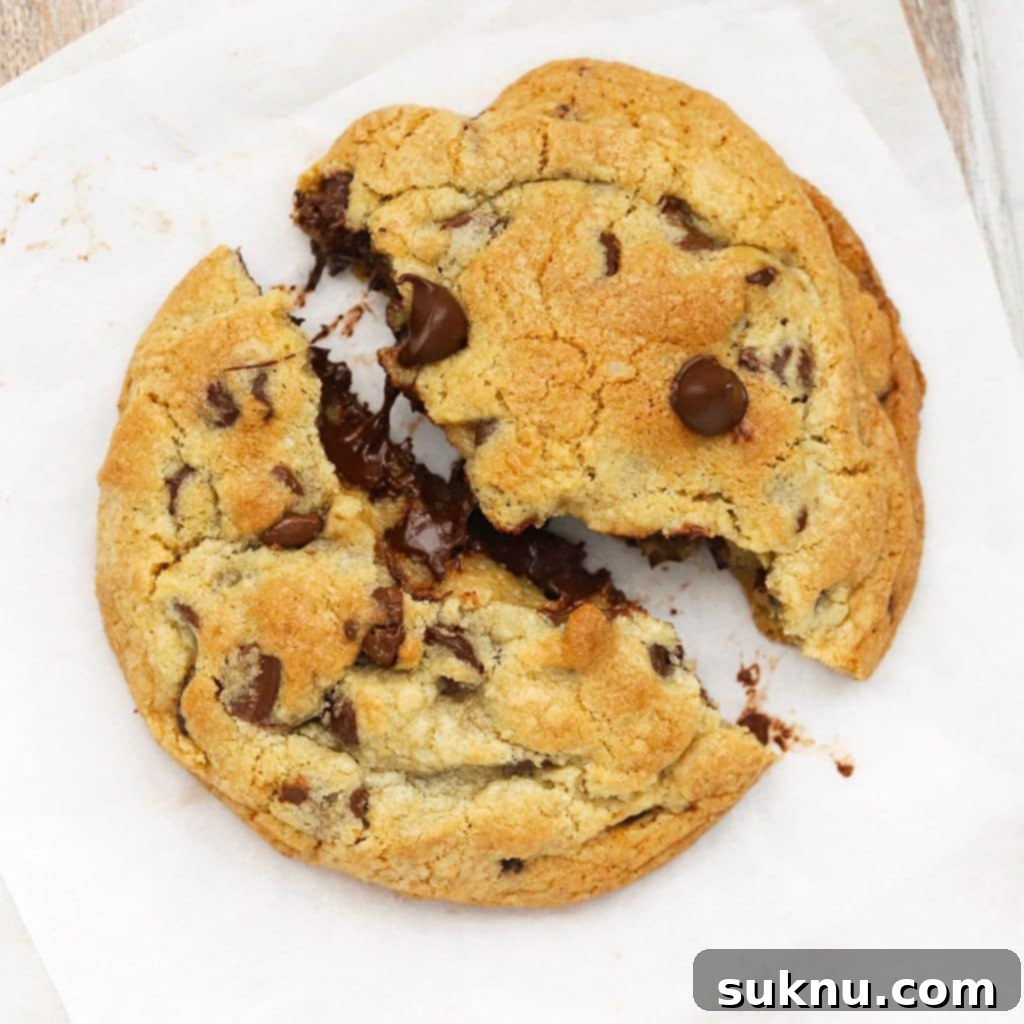 Ultimate Gluten-Free Confetti Chip Cookies 9 gluten free levain chocolate chip cookie being pulled apart to reveal a gooey center