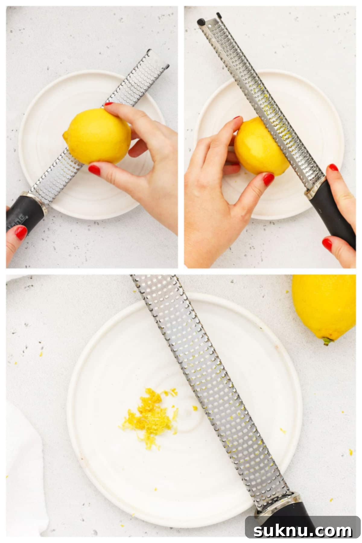 Zesting a lemon with a microplane zester, showing the technique for getting fine zest