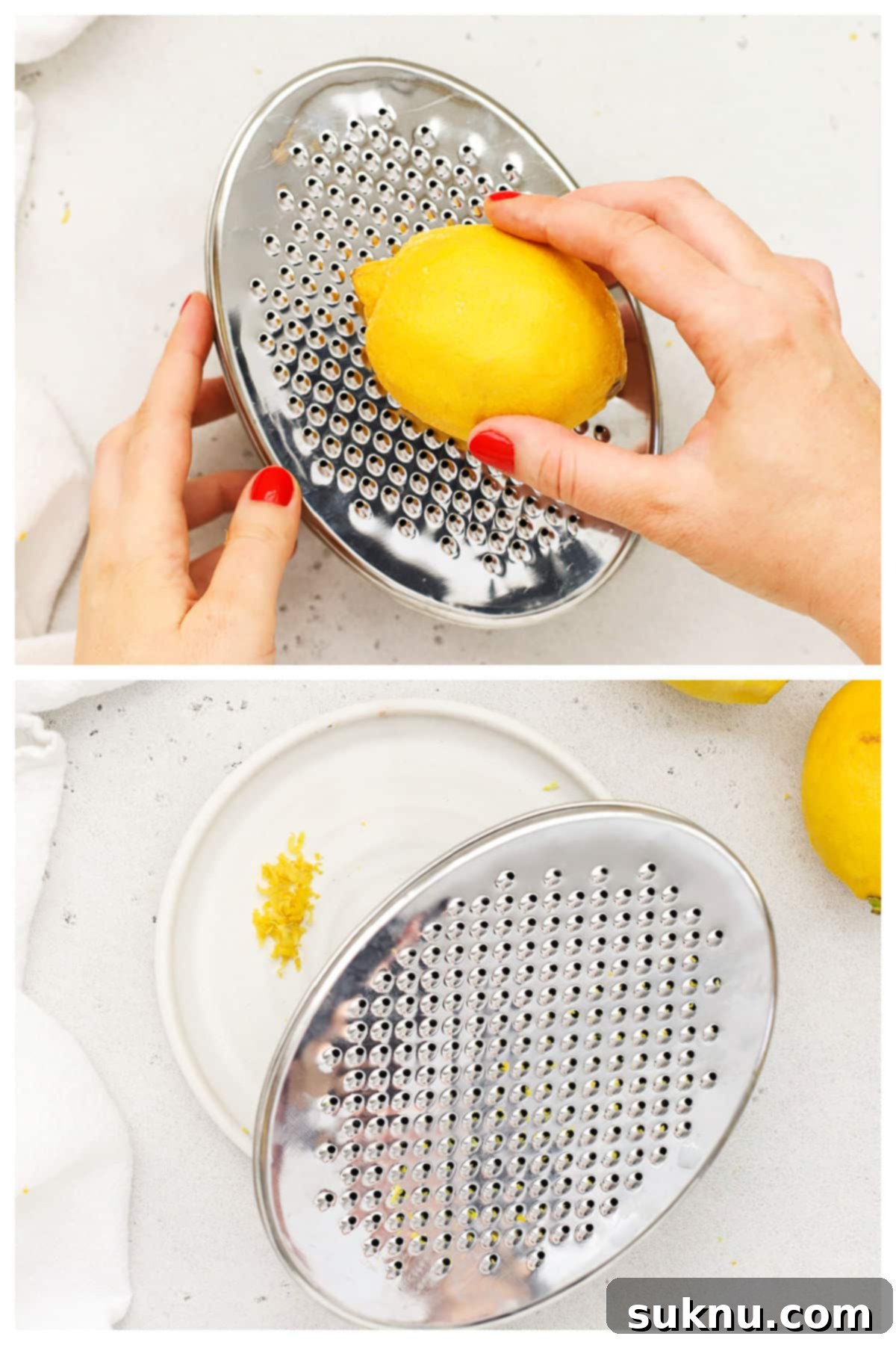 Zesting a lemon with a box grater, demonstrating the use of the smallest grating surface