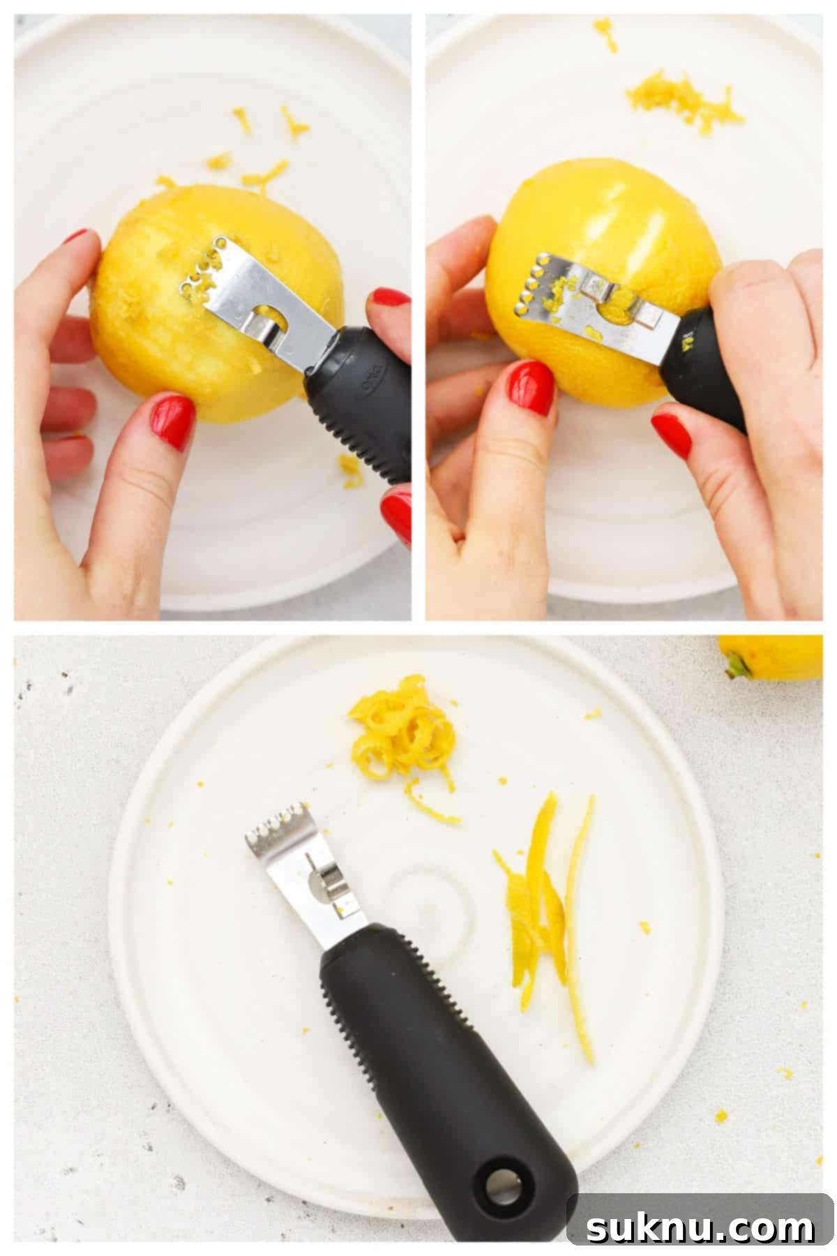 Zesting a lemon with a citrus zester, showing how to create decorative strips