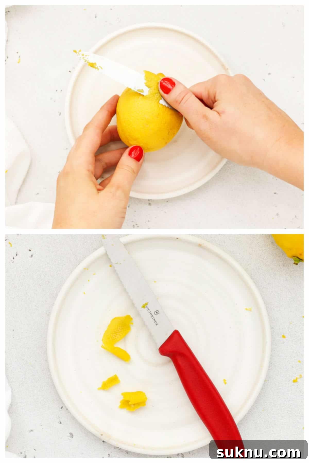 Zesting a lemon with a knife, demonstrating how to carefully cut off large sections of peel