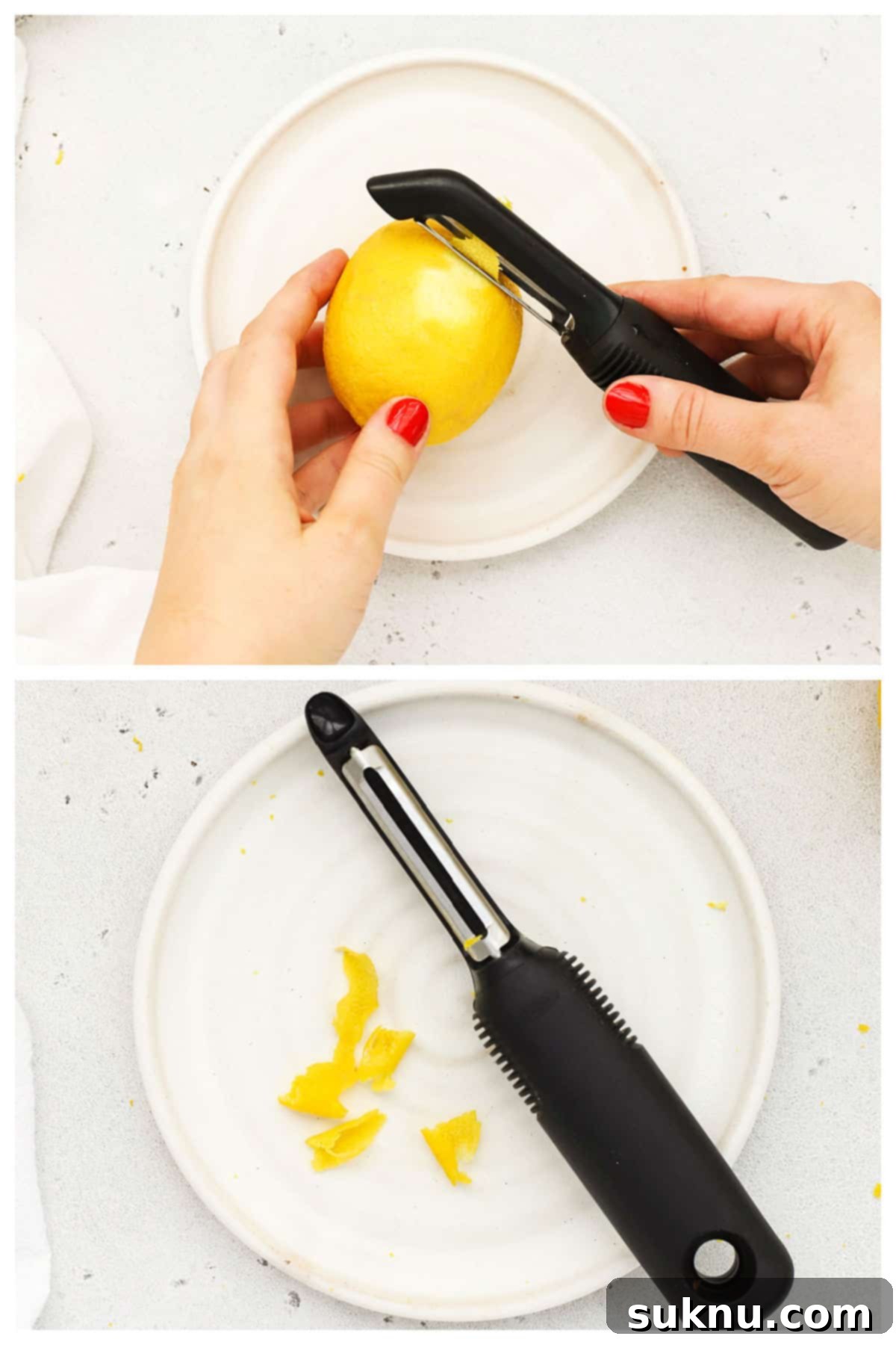 Using a vegetable peeler to zest a lemon, carefully removing long strips of the yellow peel