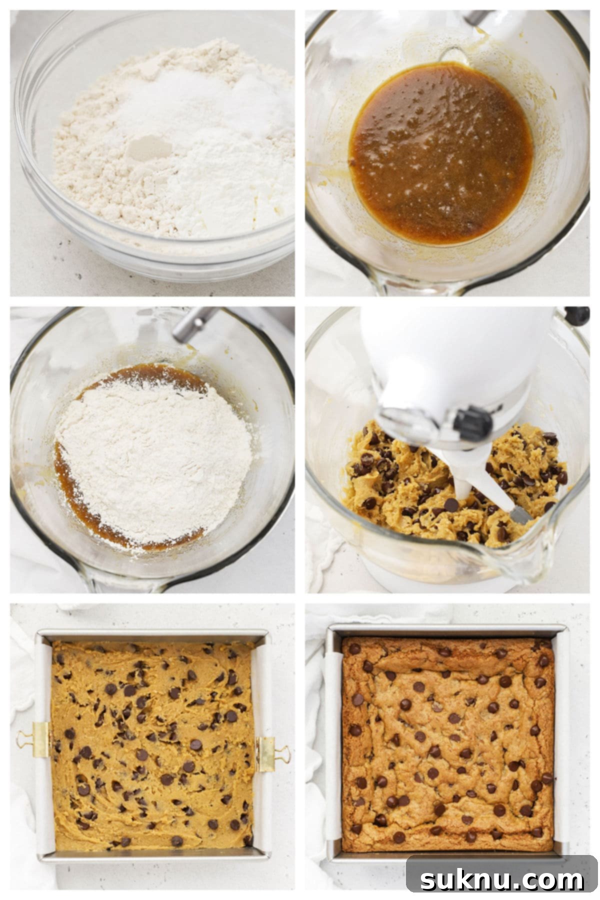Ultimate Gluten-Free Chocolate Chip Cookie Bars 5 A visual guide showing the step-by-step process of making gluten-free chocolate chip cookie bars, from mixing ingredients to spreading dough.