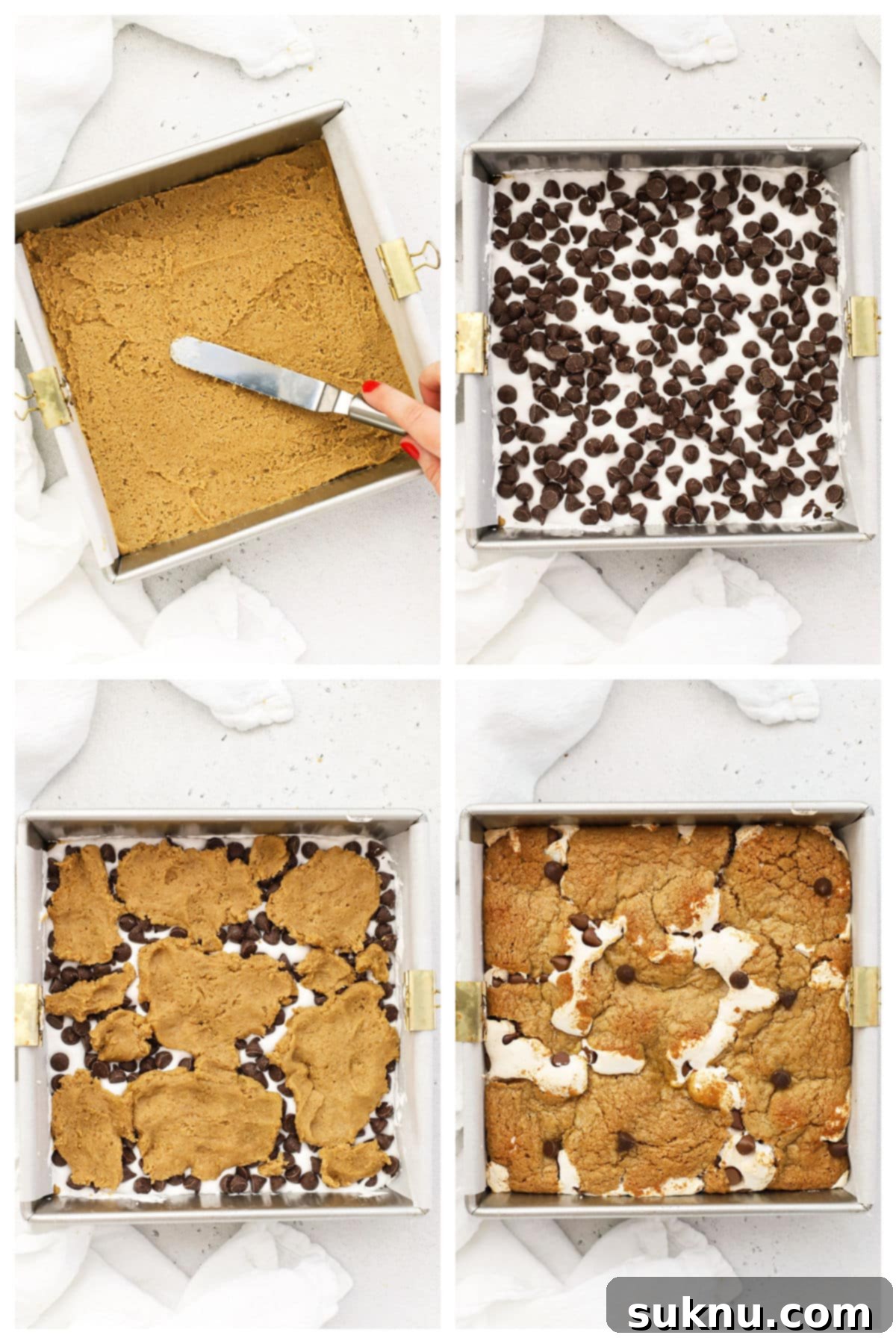 Step-by-step process of making gluten-free s'mores bars, showing the layers being assembled in a baking pan.