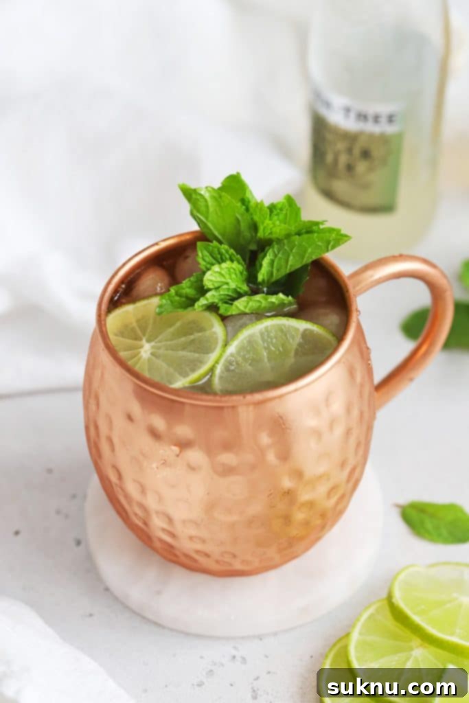 Disneyland Style Mint Julep 8 Front view of a non-alcoholic moscow mule mocktail in a copper mug with fresh mint and lime slices
