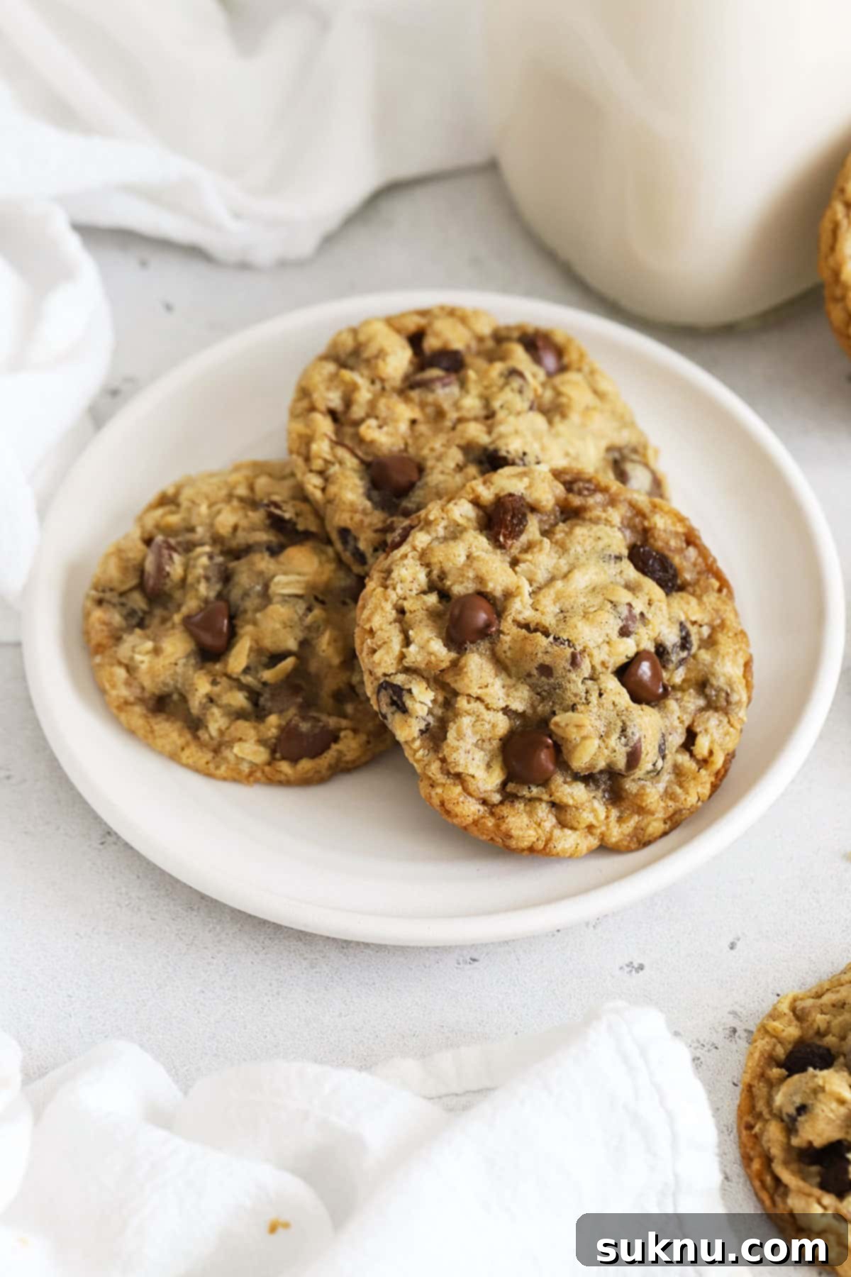 Delicious Gluten-Free Oatmeal Raisin Cookies 6 Gluten-free oatmeal raisin cookies on a white plate